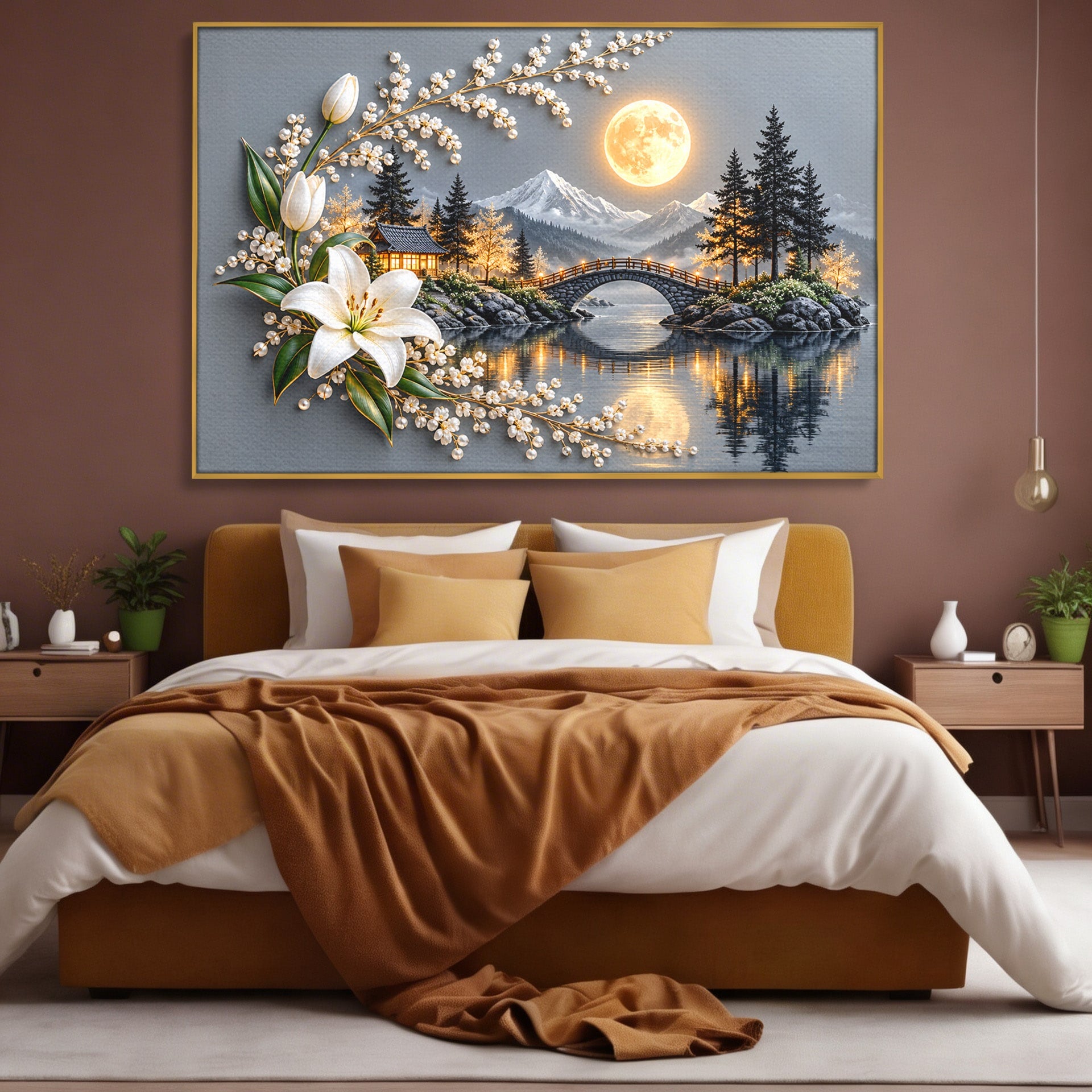 Tablou Canvas Premium LuxCanva® U1190, Luna Peste Podul Montan, Luna, Pod, Flori, Peisaj, Living, Natura, Culori Vibrante