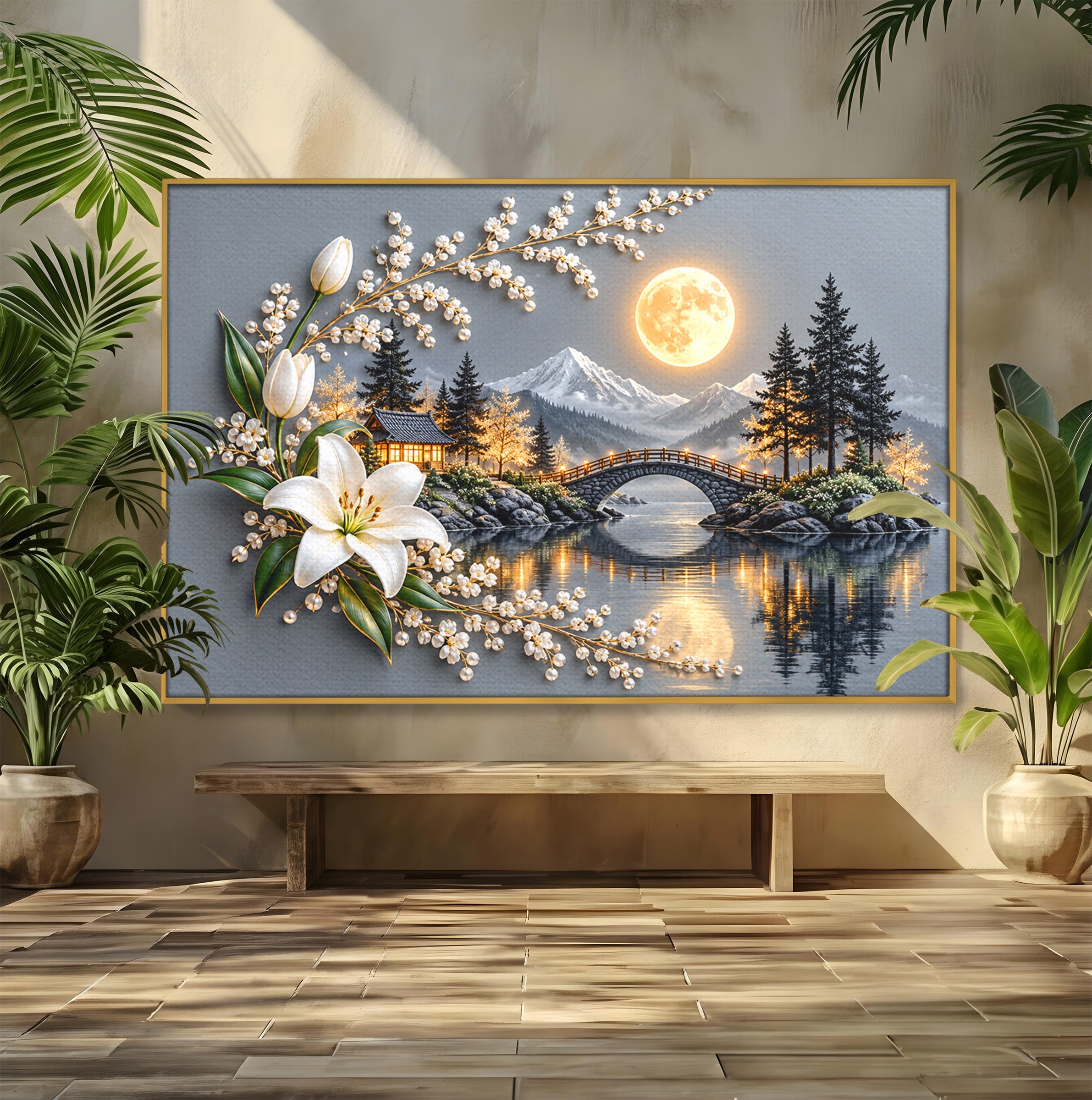 Tablou Canvas Premium LuxCanva® U1190, Luna Peste Podul Montan, Luna, Pod, Flori, Peisaj, Living, Natura, Culori Vibrante