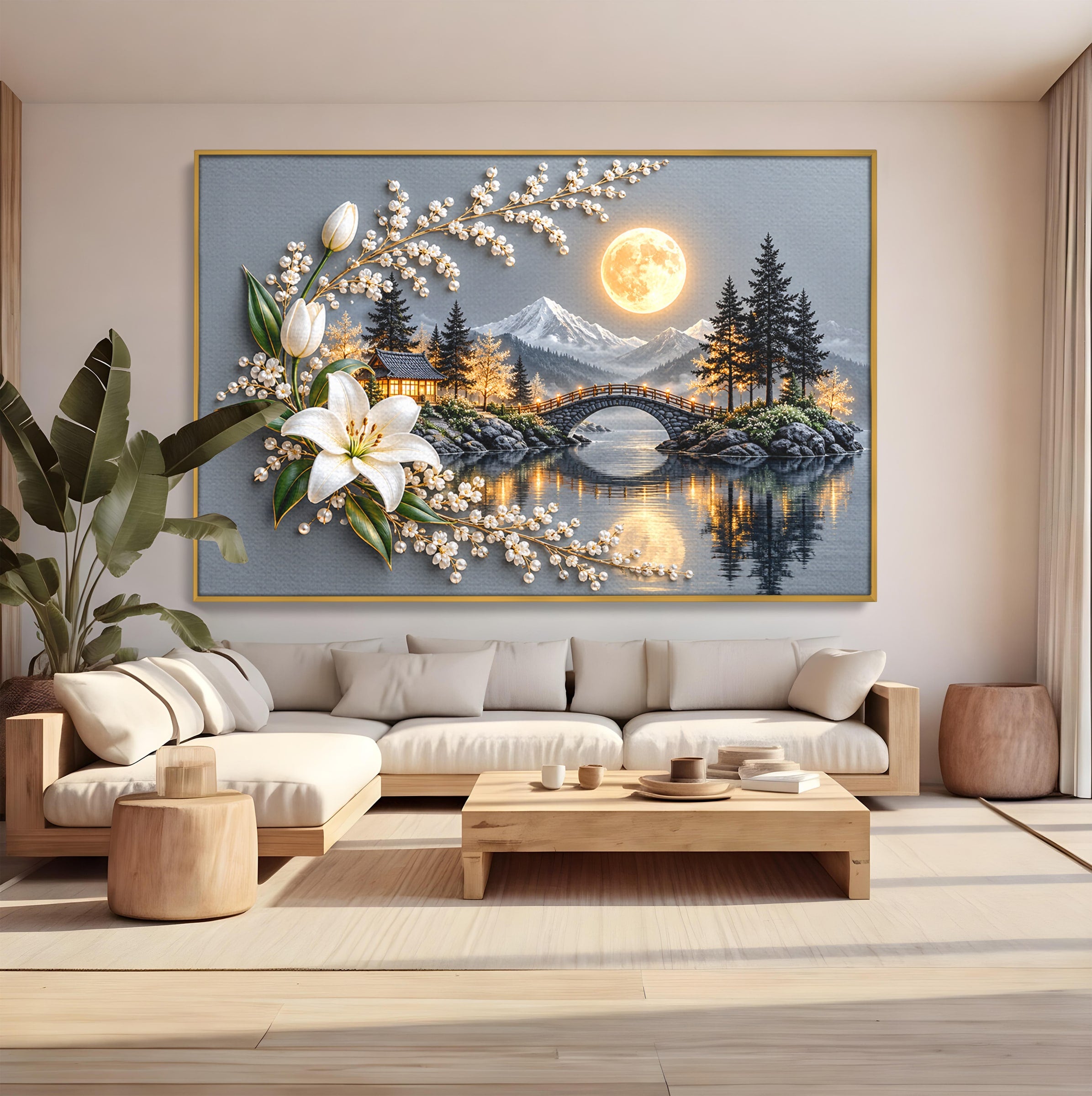 Tablou Canvas Premium LuxCanva® U1190, Luna Peste Podul Montan, Luna, Pod, Flori, Peisaj, Living, Natura, Culori Vibrante