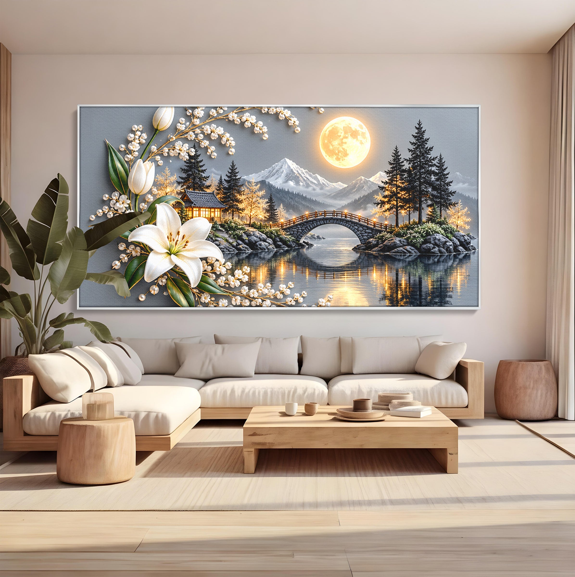 Tablou Canvas Premium LuxCanva® U1190, Luna Peste Podul Montan, Luna, Pod, Flori, Peisaj, Living, Natura, Culori Vibrante