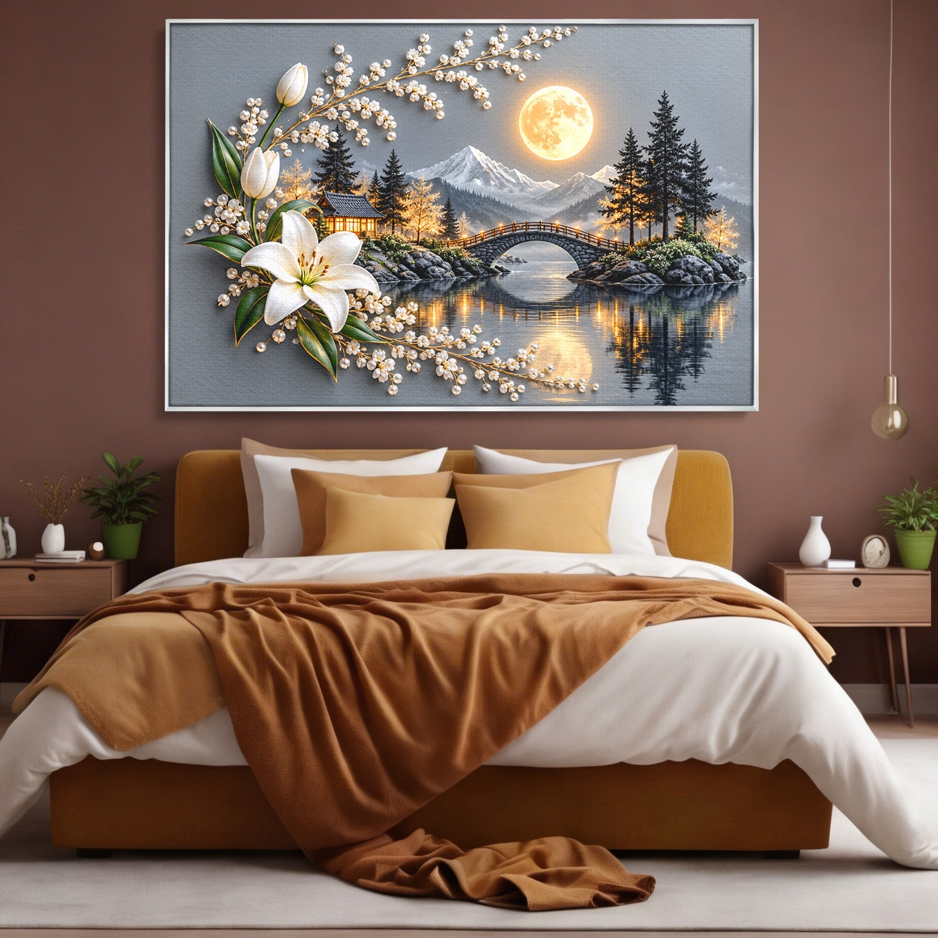 Tablou Canvas Premium LuxCanva® U1190, Luna Peste Podul Montan, Luna, Pod, Flori, Peisaj, Living, Natura, Culori Vibrante
