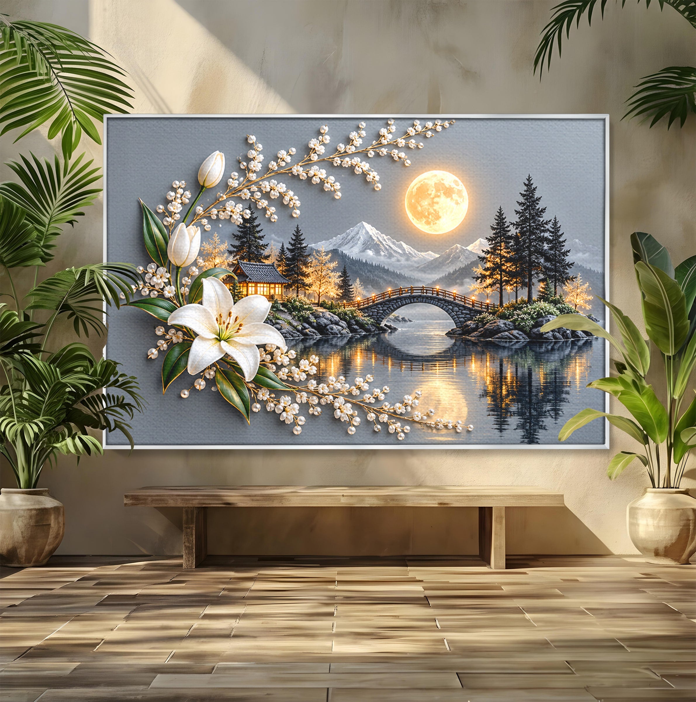 Tablou Canvas Premium LuxCanva® U1190, Luna Peste Podul Montan, Luna, Pod, Flori, Peisaj, Living, Natura, Culori Vibrante