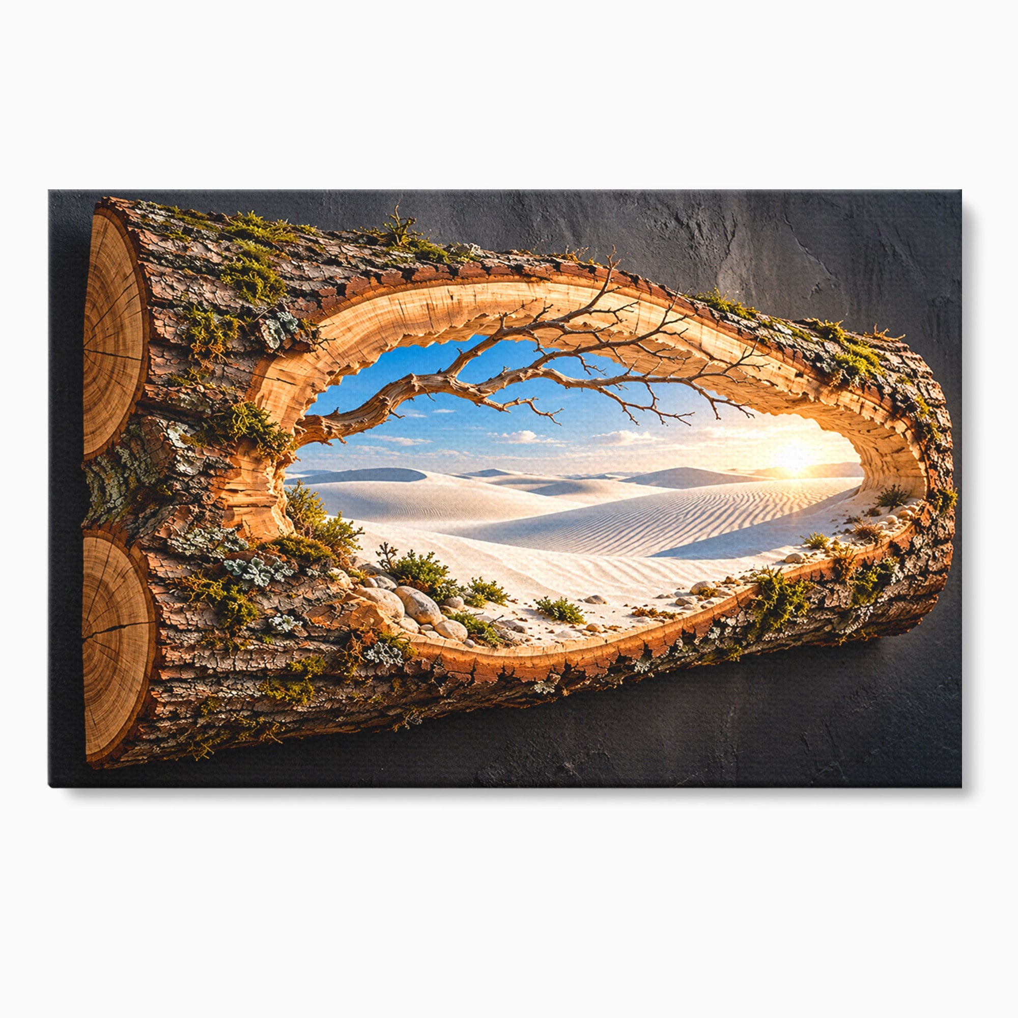 Tablou Canvas Premium LuxCanva® U1192, Desertul Vazut Printr-un Trunchi, Peisaj, Natura, Trunchi, Desert, Living, Culori Vibrante