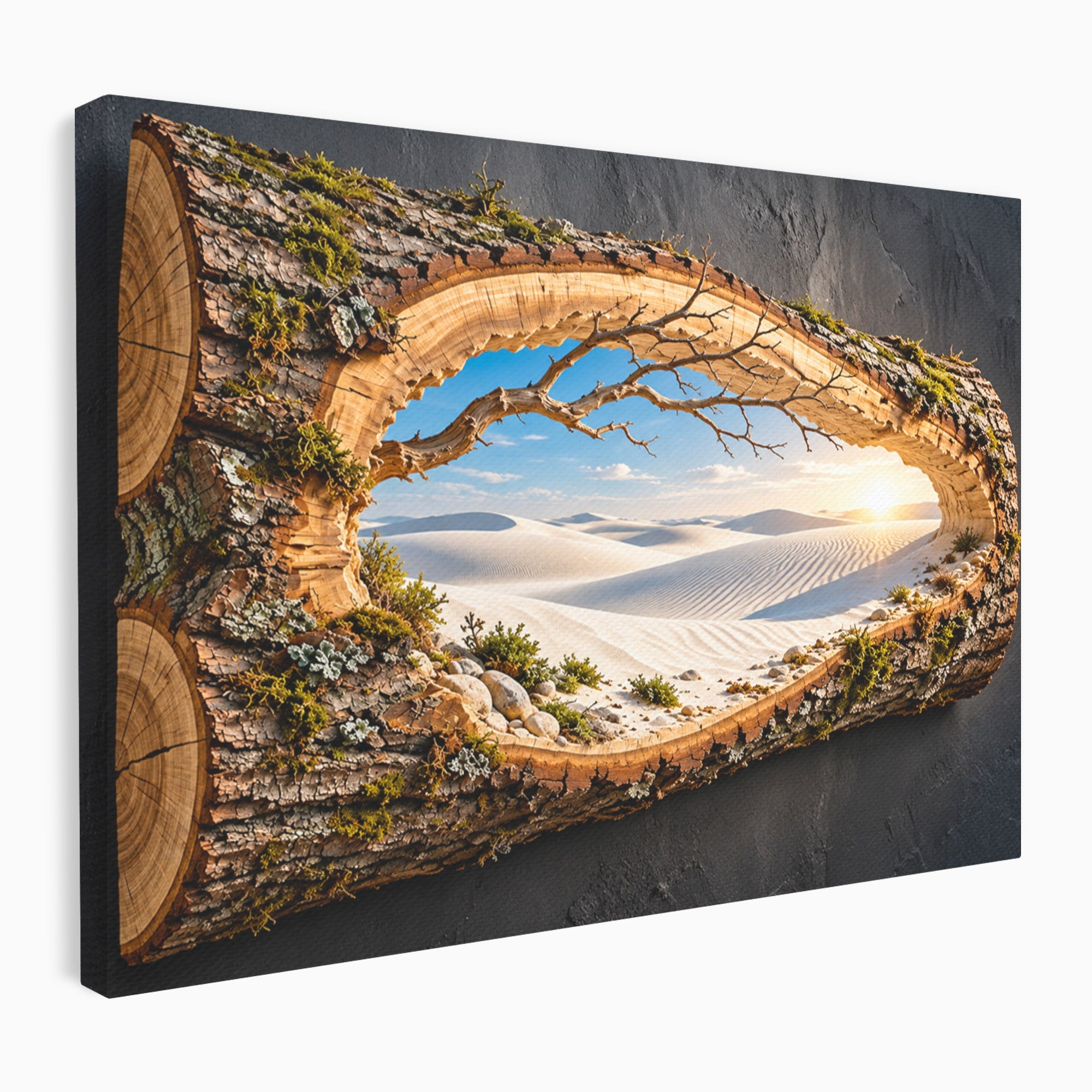 Tablou Canvas Premium LuxCanva® U1192, Desertul Vazut Printr-un Trunchi, Peisaj, Natura, Trunchi, Desert, Living, Culori Vibrante