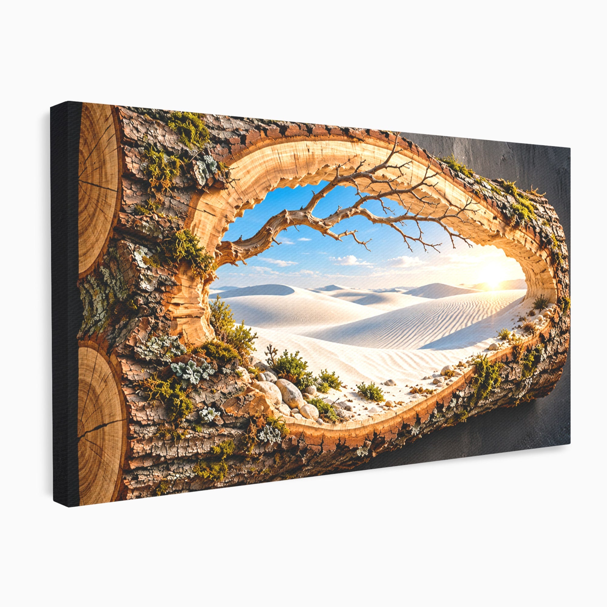 Tablou Canvas Premium LuxCanva® U1192, Desertul Vazut Printr-un Trunchi, Peisaj, Natura, Trunchi, Desert, Living, Culori Vibrante