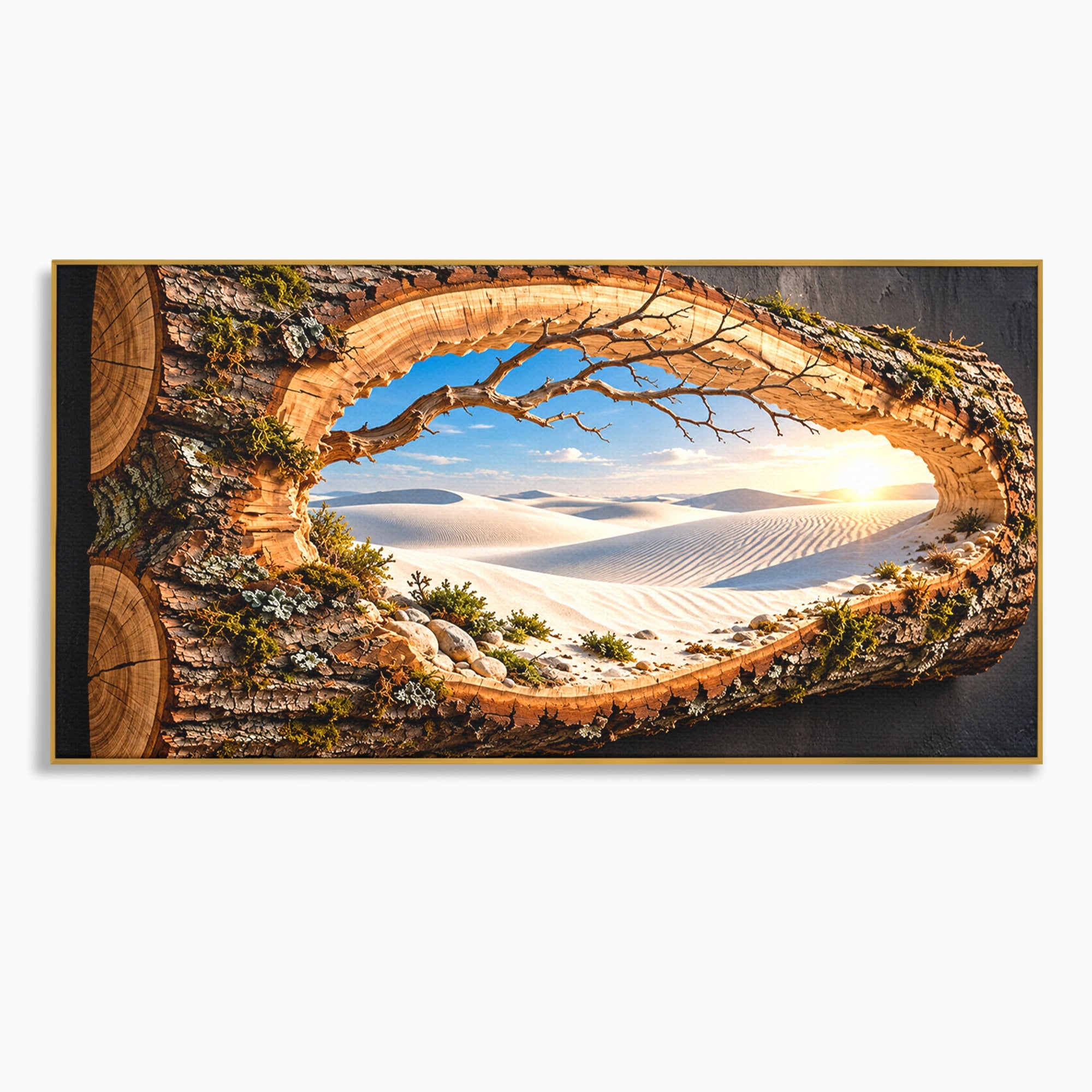Tablou Canvas Premium LuxCanva® U1192, Desertul Vazut Printr-un Trunchi, Peisaj, Natura, Trunchi, Desert, Living, Culori Vibrante
