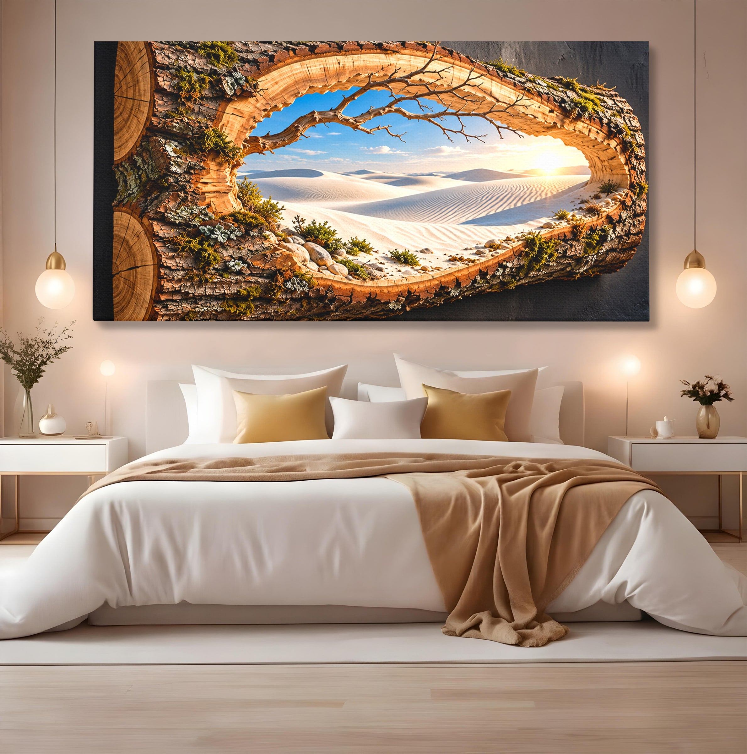 Tablou Canvas Premium LuxCanva® U1192, Desertul Vazut Printr-un Trunchi, Peisaj, Natura, Trunchi, Desert, Living, Culori Vibrante