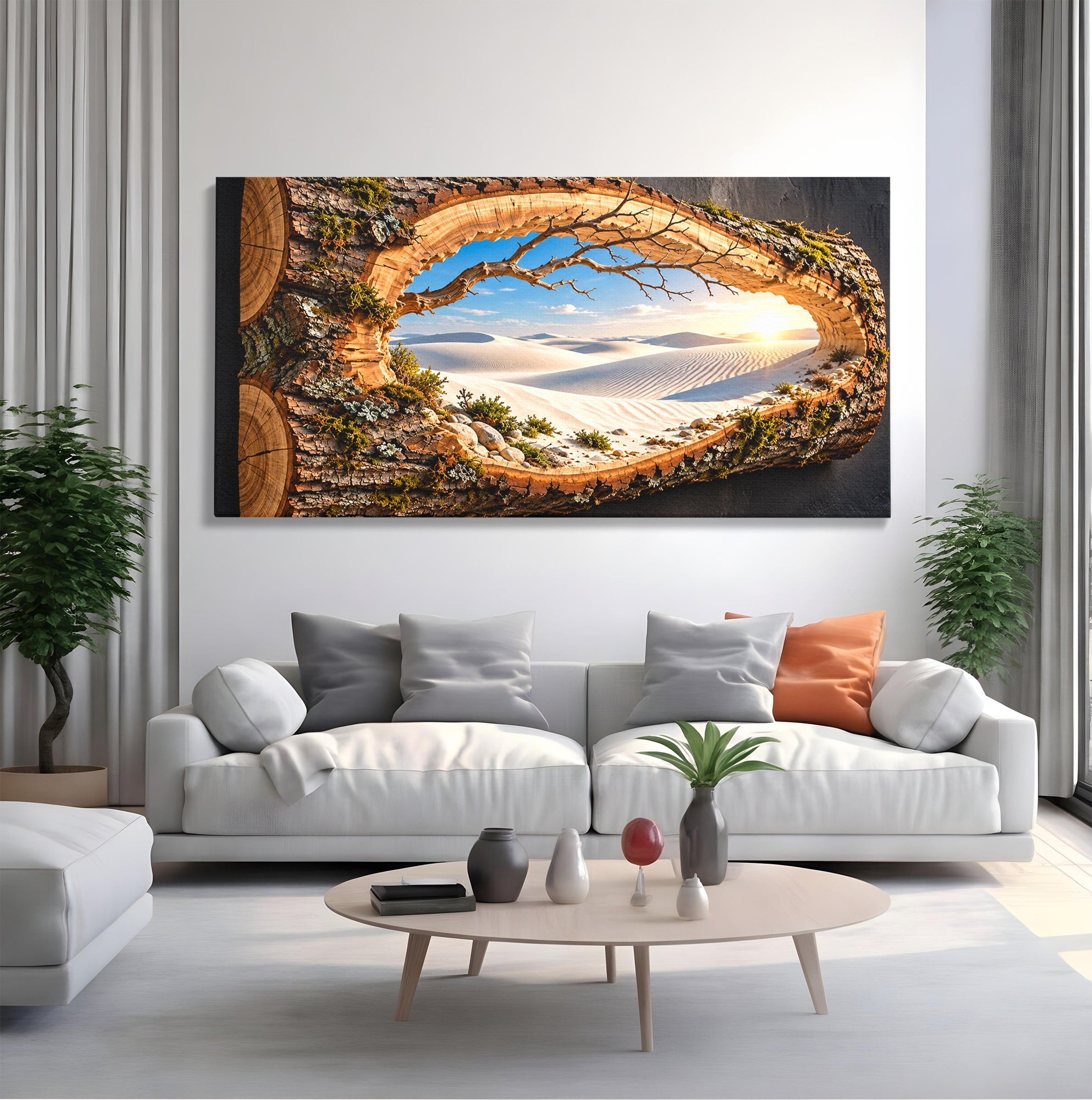 Tablou Canvas Premium LuxCanva® U1192, Desertul Vazut Printr-un Trunchi, Peisaj, Natura, Trunchi, Desert, Living, Culori Vibrante