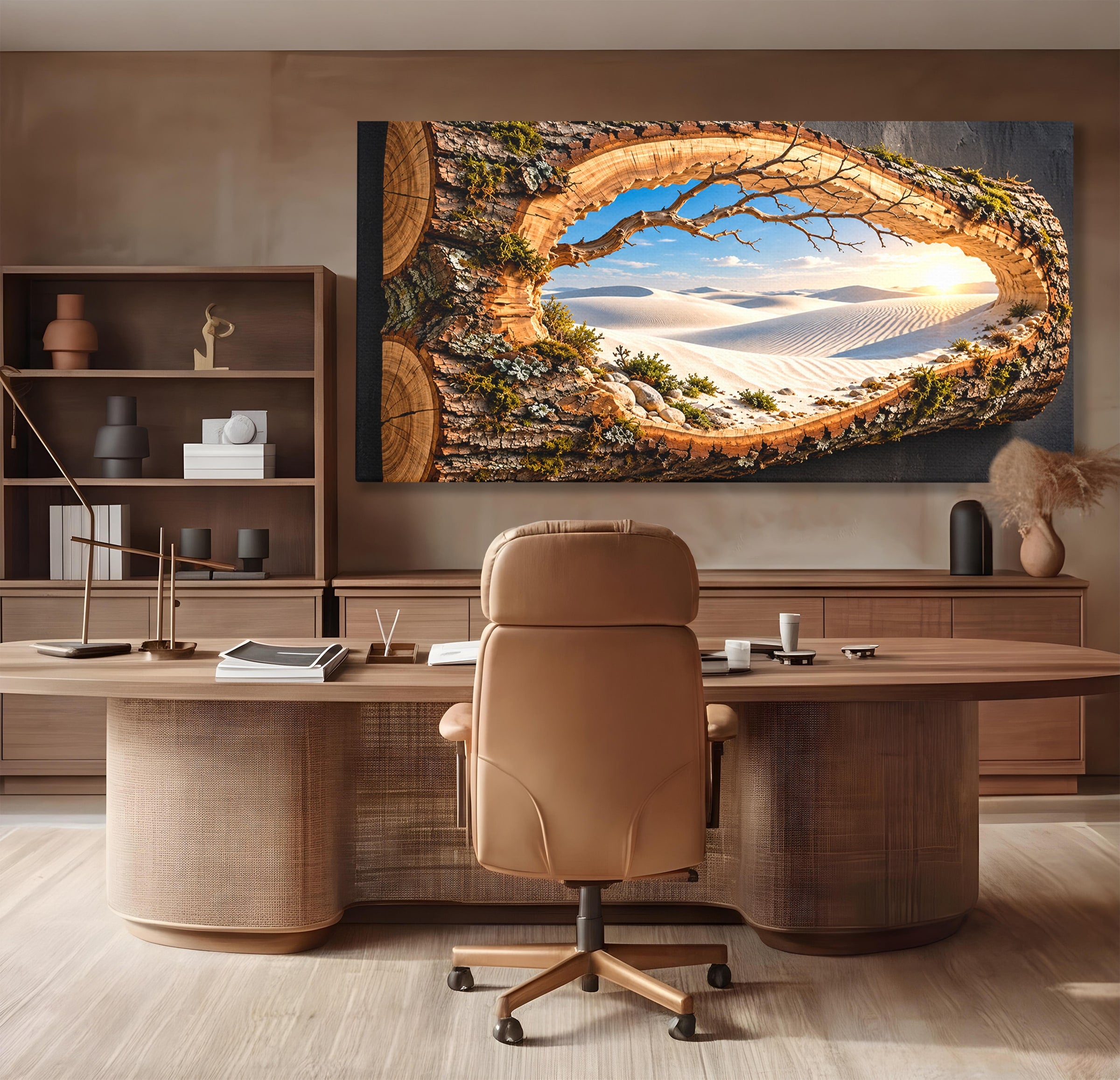Tablou Canvas Premium LuxCanva® U1192, Desertul Vazut Printr-un Trunchi, Peisaj, Natura, Trunchi, Desert, Living, Culori Vibrante