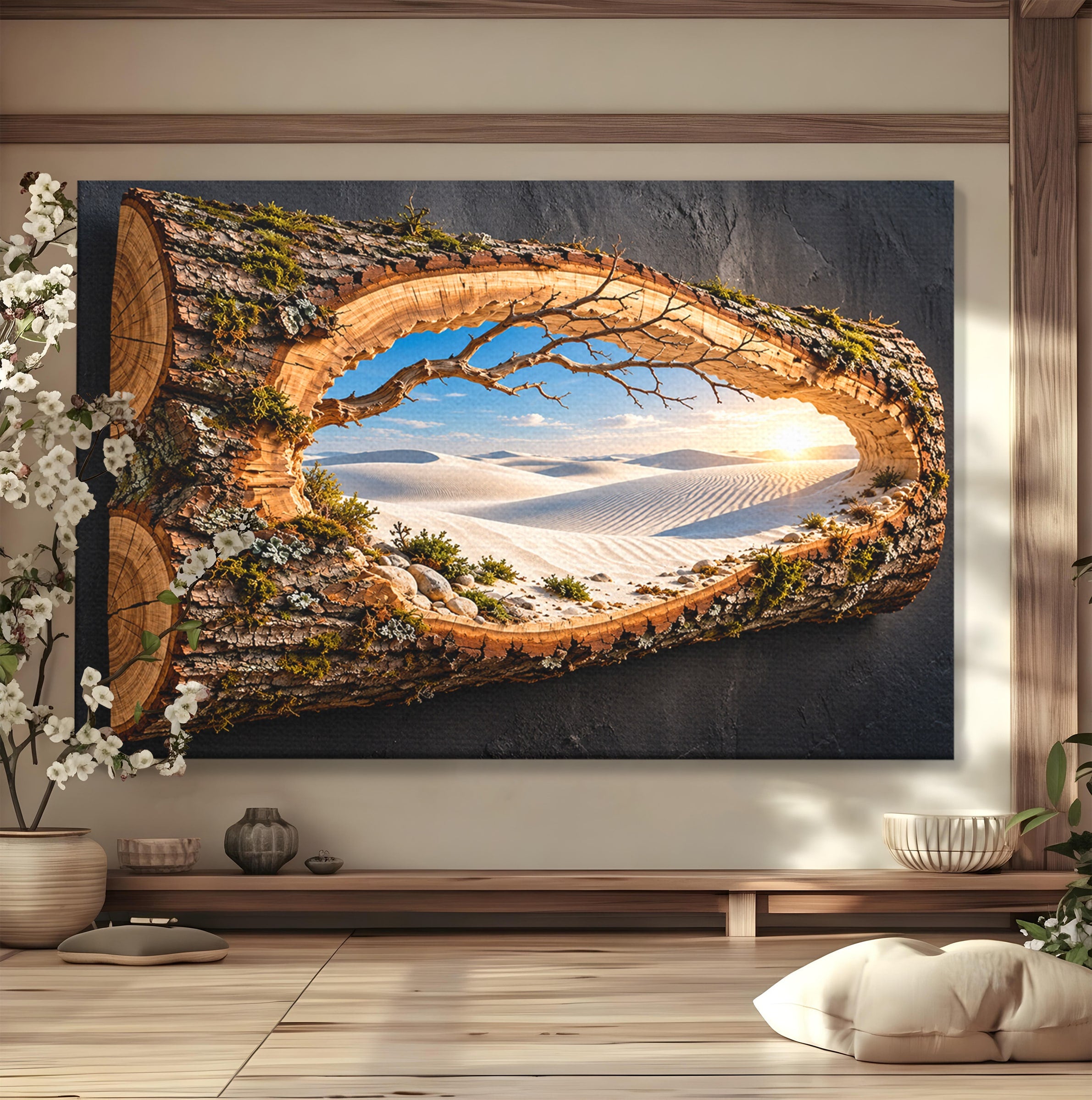 Tablou Canvas Premium LuxCanva® U1192, Desertul Vazut Printr-un Trunchi, Peisaj, Natura, Trunchi, Desert, Living, Culori Vibrante