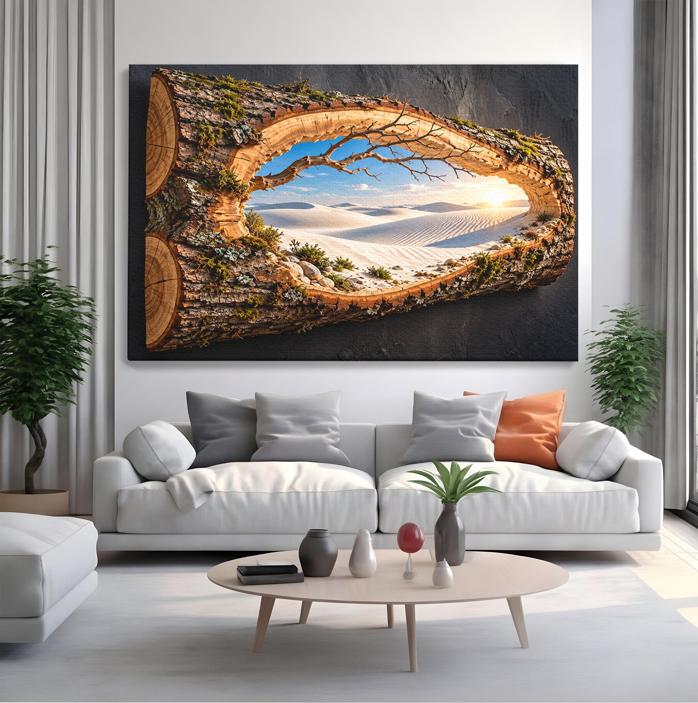 Tablou Canvas Premium LuxCanva® U1192, Desertul Vazut Printr-un Trunchi, Peisaj, Natura, Trunchi, Desert, Living, Culori Vibrante