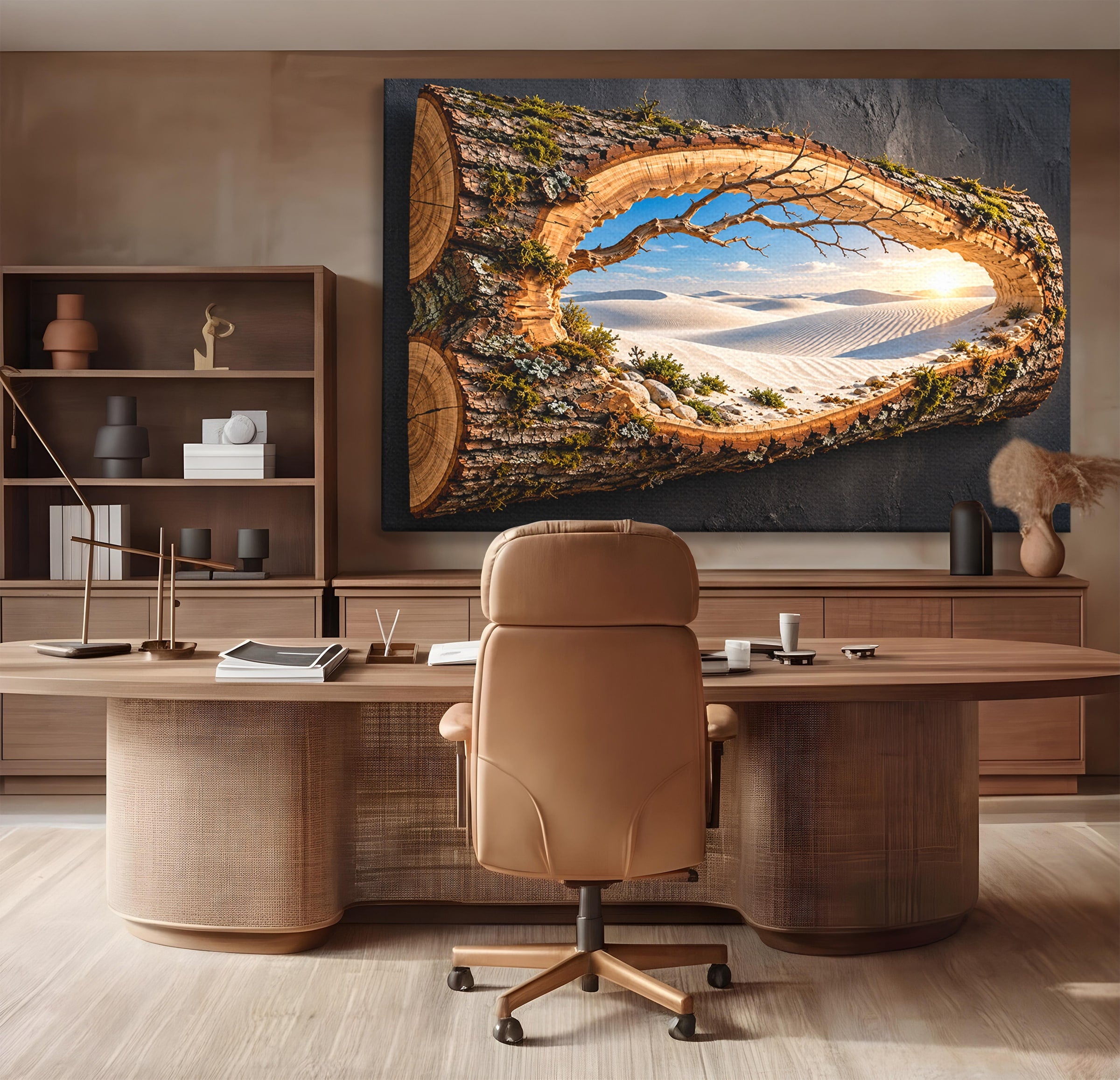 Tablou Canvas Premium LuxCanva® U1192, Desertul Vazut Printr-un Trunchi, Peisaj, Natura, Trunchi, Desert, Living, Culori Vibrante