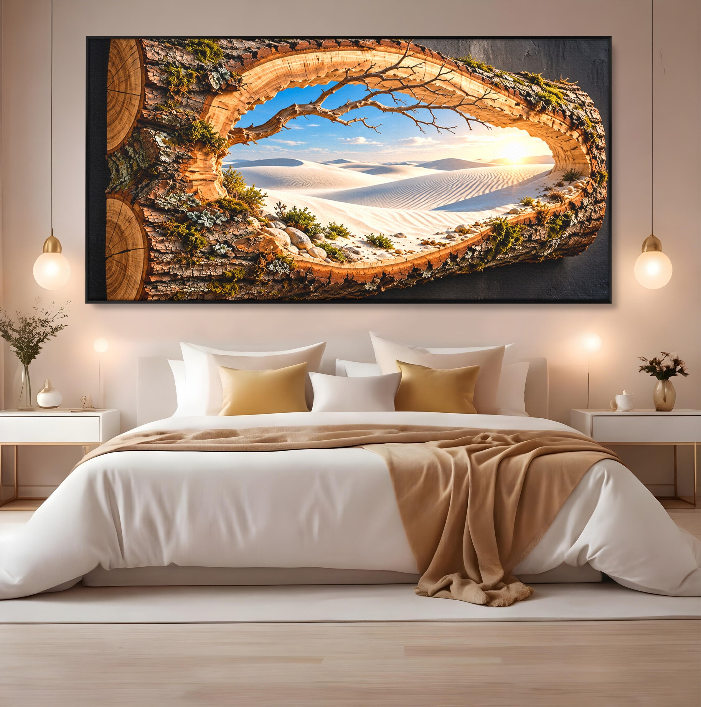 Tablou Canvas Premium LuxCanva® U1192, Desertul Vazut Printr-un Trunchi, Peisaj, Natura, Trunchi, Desert, Living, Culori Vibrante