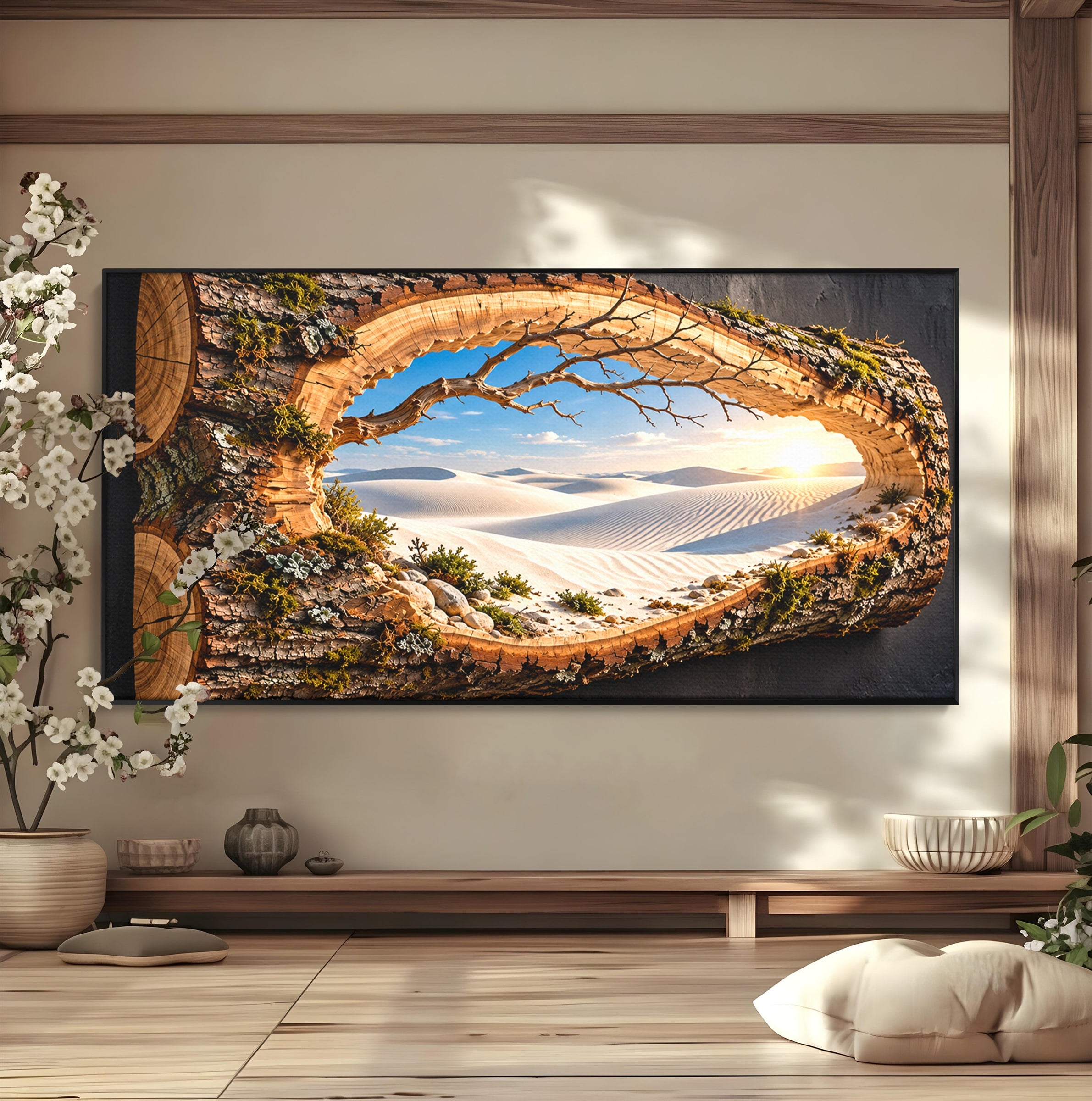 Tablou Canvas Premium LuxCanva® U1192, Desertul Vazut Printr-un Trunchi, Peisaj, Natura, Trunchi, Desert, Living, Culori Vibrante