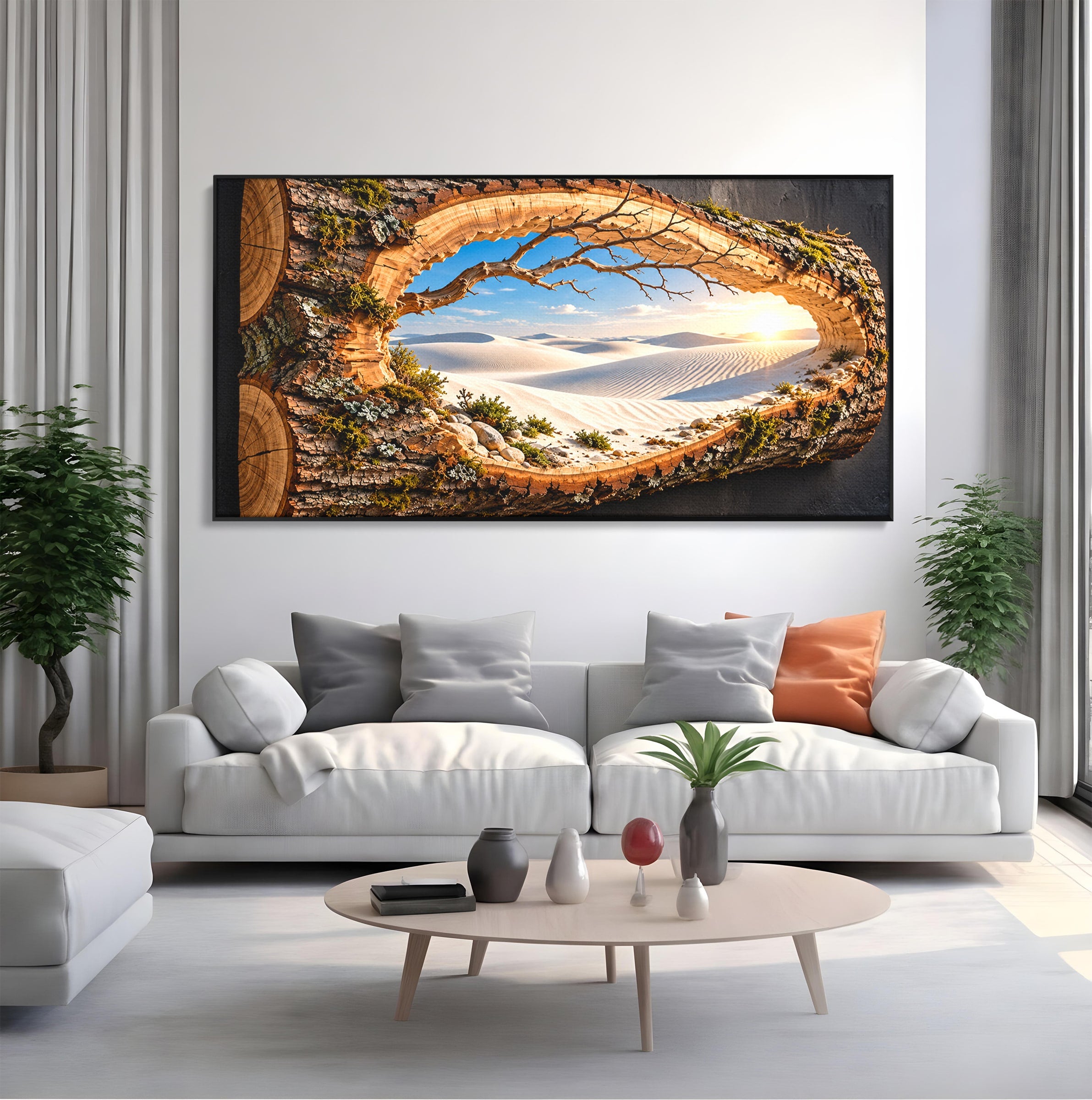 Tablou Canvas Premium LuxCanva® U1192, Desertul Vazut Printr-un Trunchi, Peisaj, Natura, Trunchi, Desert, Living, Culori Vibrante
