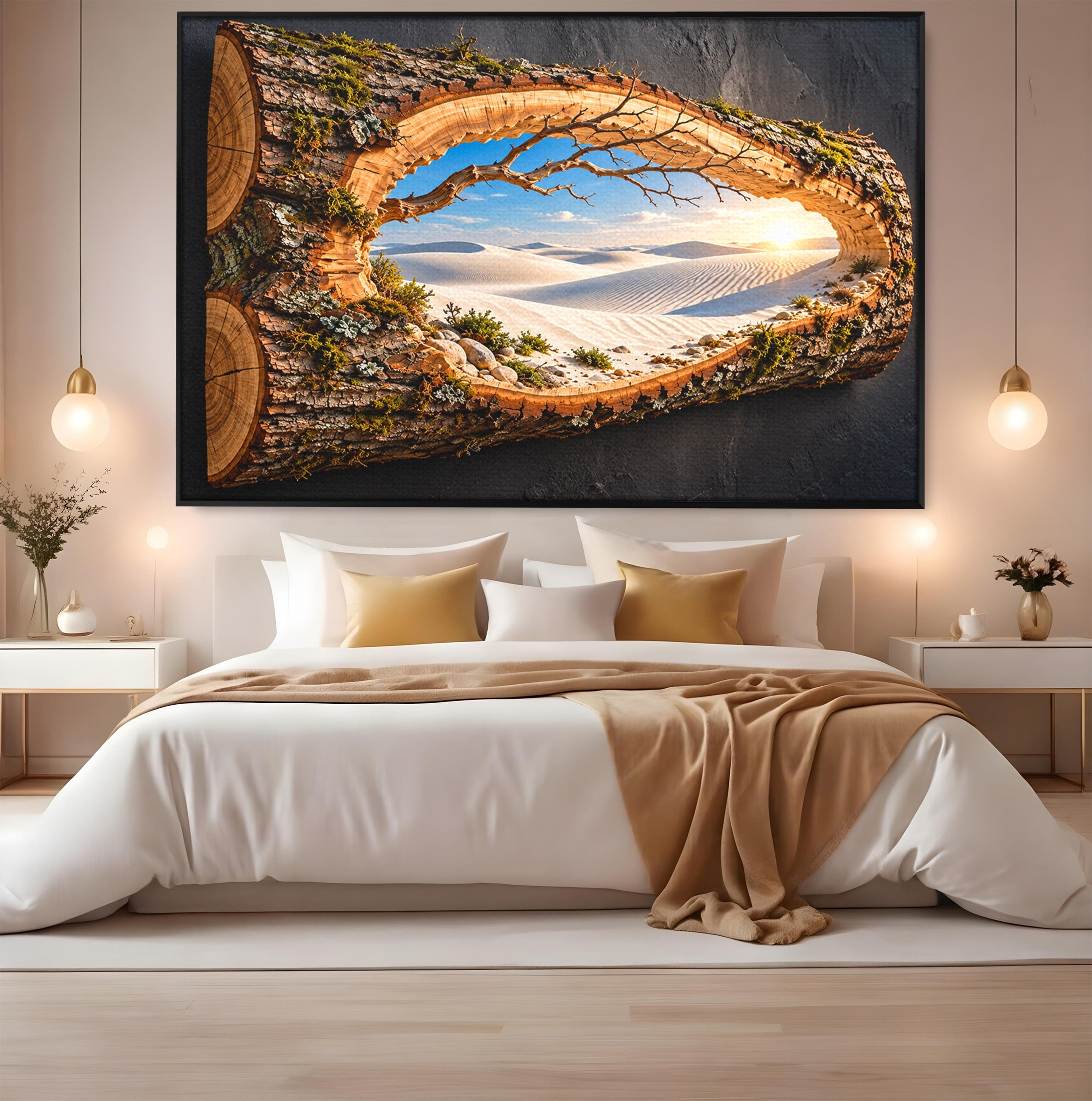 Tablou Canvas Premium LuxCanva® U1192, Desertul Vazut Printr-un Trunchi, Peisaj, Natura, Trunchi, Desert, Living, Culori Vibrante