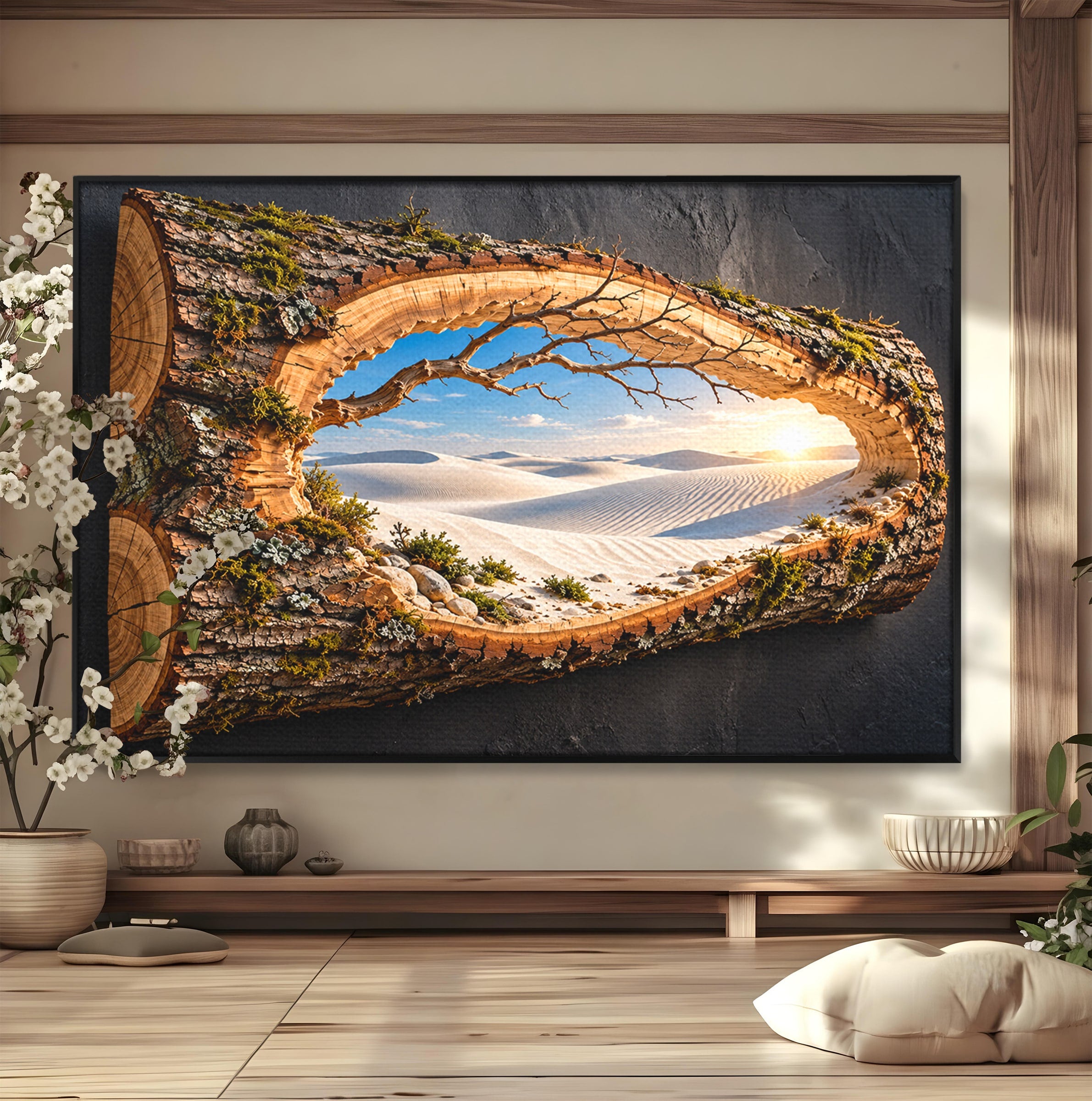 Tablou Canvas Premium LuxCanva® U1192, Desertul Vazut Printr-un Trunchi, Peisaj, Natura, Trunchi, Desert, Living, Culori Vibrante