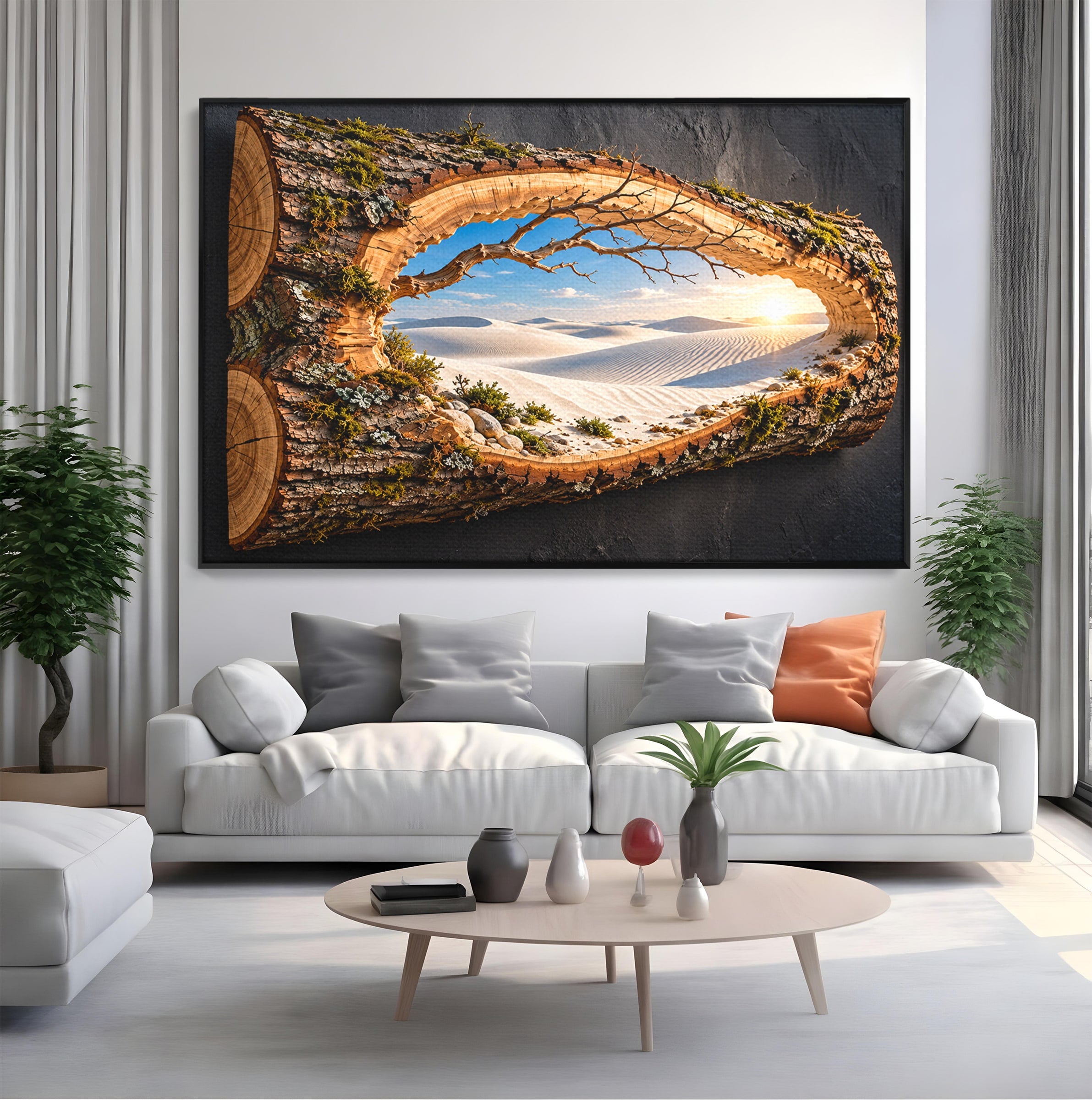 Tablou Canvas Premium LuxCanva® U1192, Desertul Vazut Printr-un Trunchi, Peisaj, Natura, Trunchi, Desert, Living, Culori Vibrante
