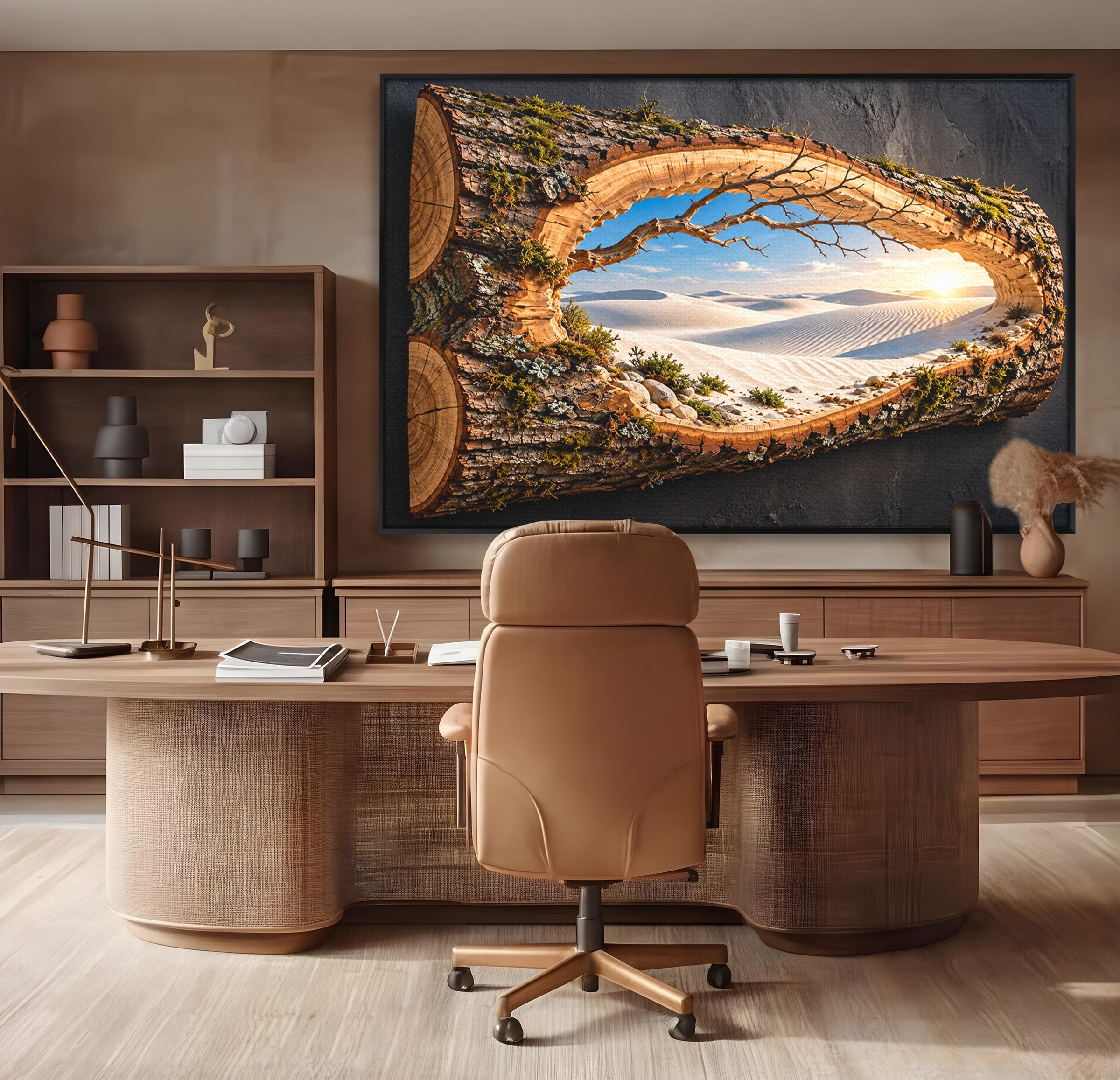 Tablou Canvas Premium LuxCanva® U1192, Desertul Vazut Printr-un Trunchi, Peisaj, Natura, Trunchi, Desert, Living, Culori Vibrante