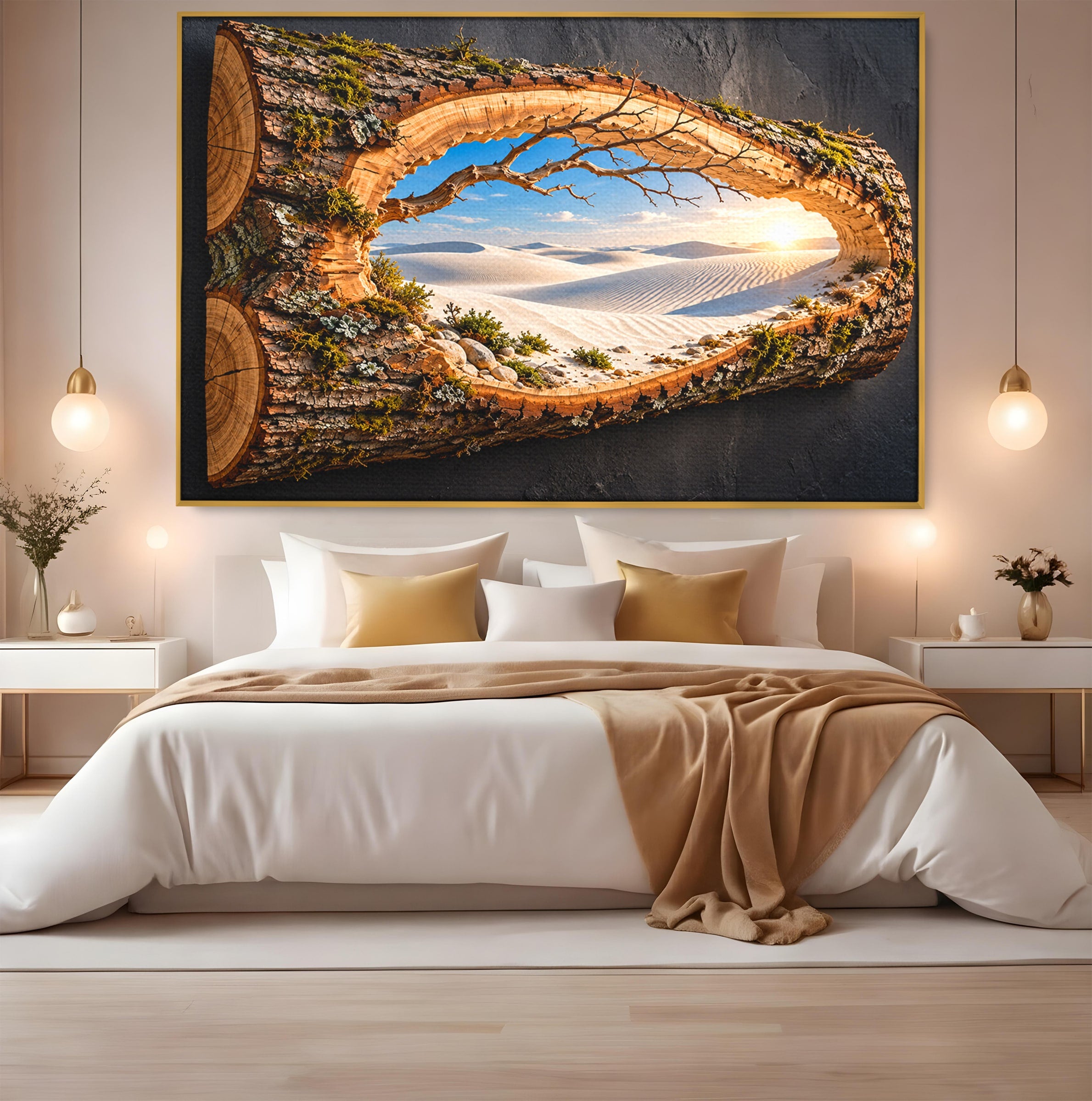 Tablou Canvas Premium LuxCanva® U1192, Desertul Vazut Printr-un Trunchi, Peisaj, Natura, Trunchi, Desert, Living, Culori Vibrante