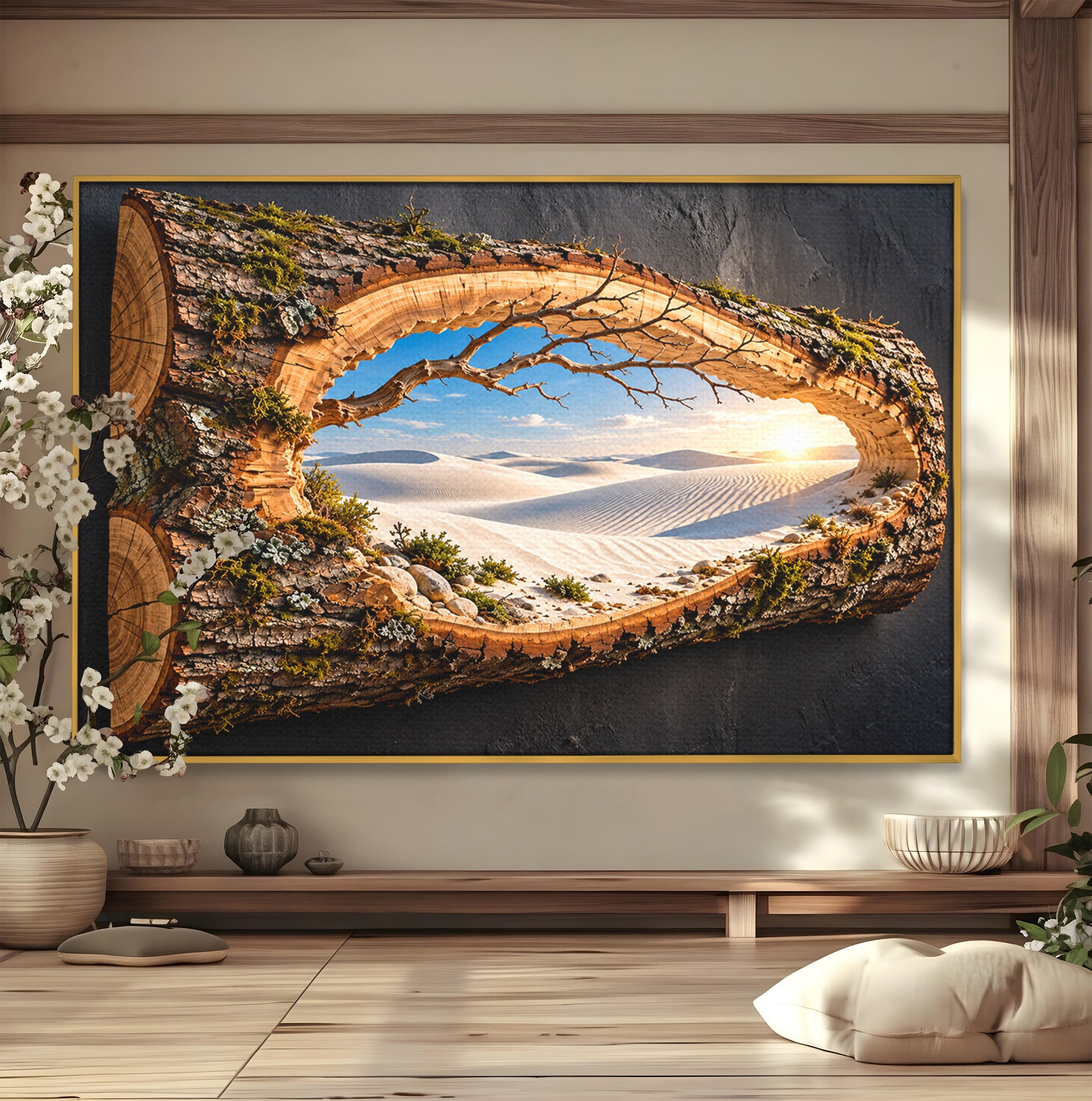 Tablou Canvas Premium LuxCanva® U1192, Desertul Vazut Printr-un Trunchi, Peisaj, Natura, Trunchi, Desert, Living, Culori Vibrante