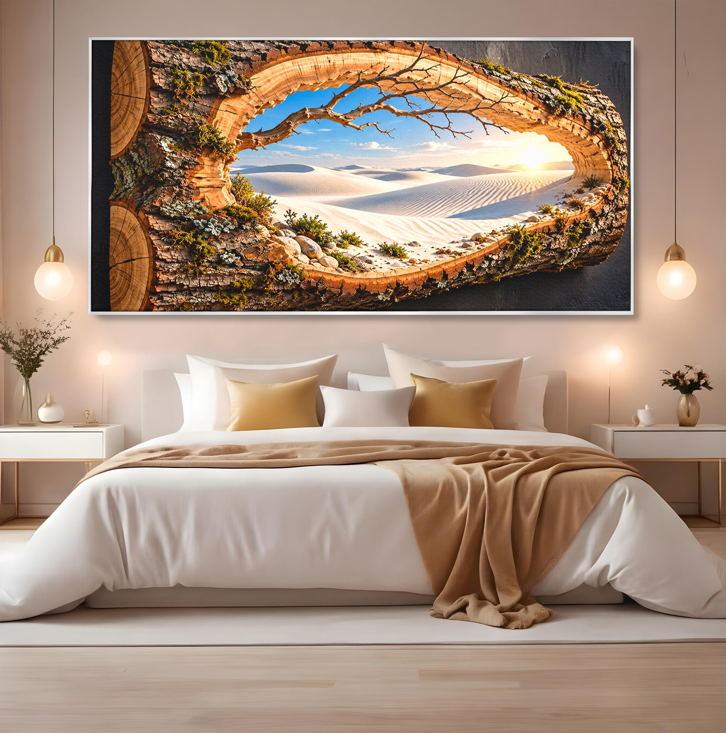 Tablou Canvas Premium LuxCanva® U1192, Desertul Vazut Printr-un Trunchi, Peisaj, Natura, Trunchi, Desert, Living, Culori Vibrante