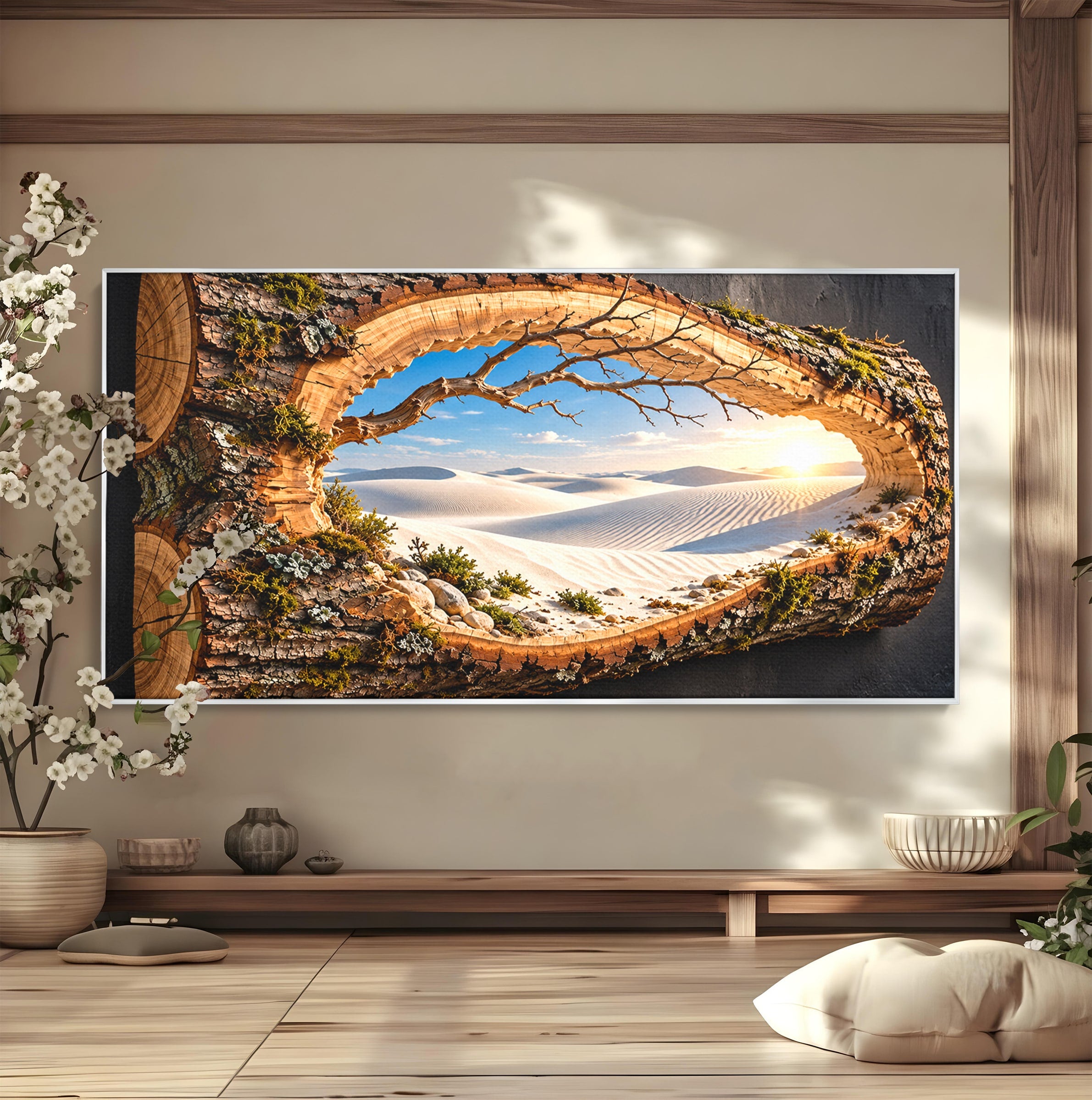 Tablou Canvas Premium LuxCanva® U1192, Desertul Vazut Printr-un Trunchi, Peisaj, Natura, Trunchi, Desert, Living, Culori Vibrante