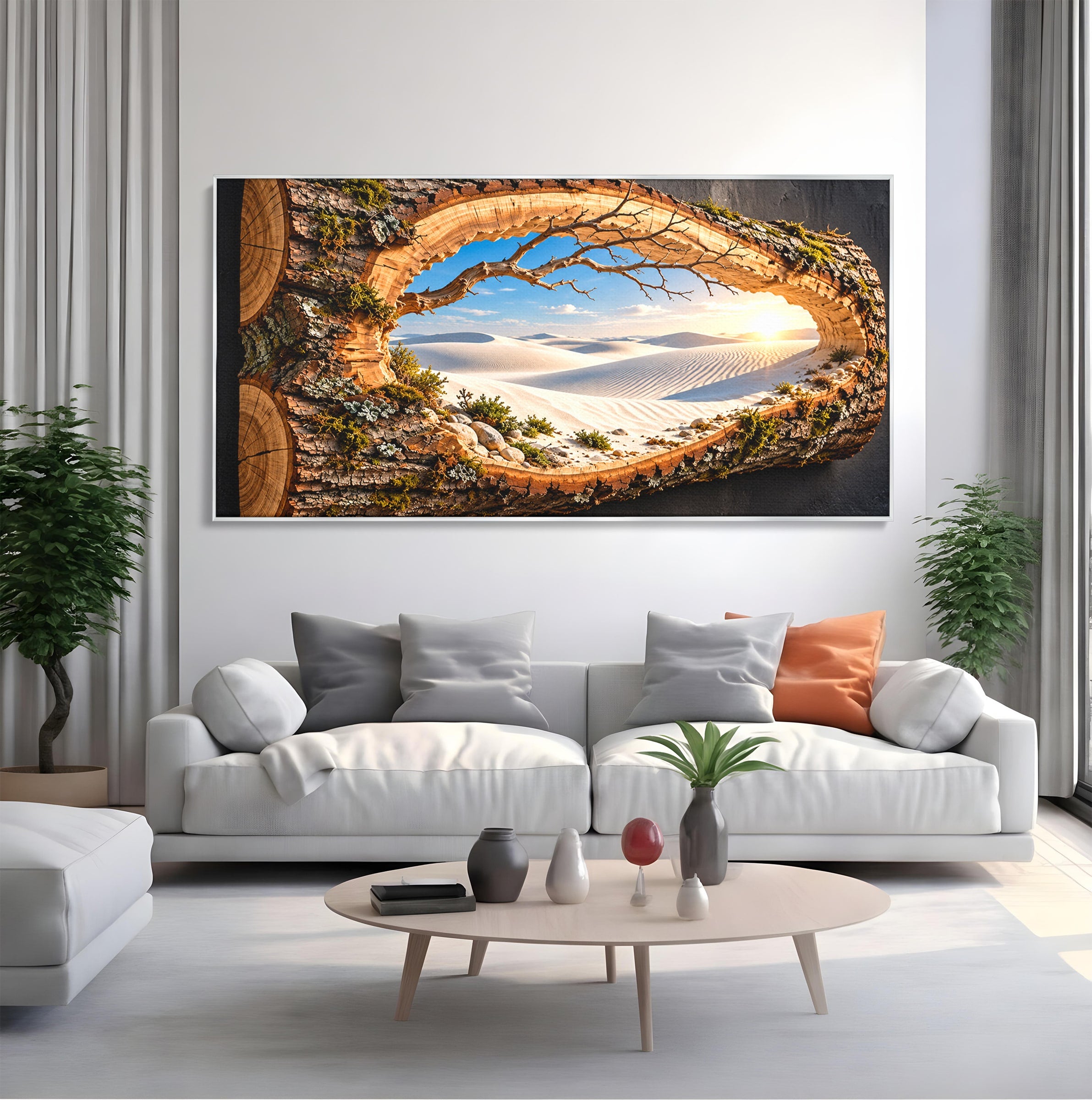 Tablou Canvas Premium LuxCanva® U1192, Desertul Vazut Printr-un Trunchi, Peisaj, Natura, Trunchi, Desert, Living, Culori Vibrante
