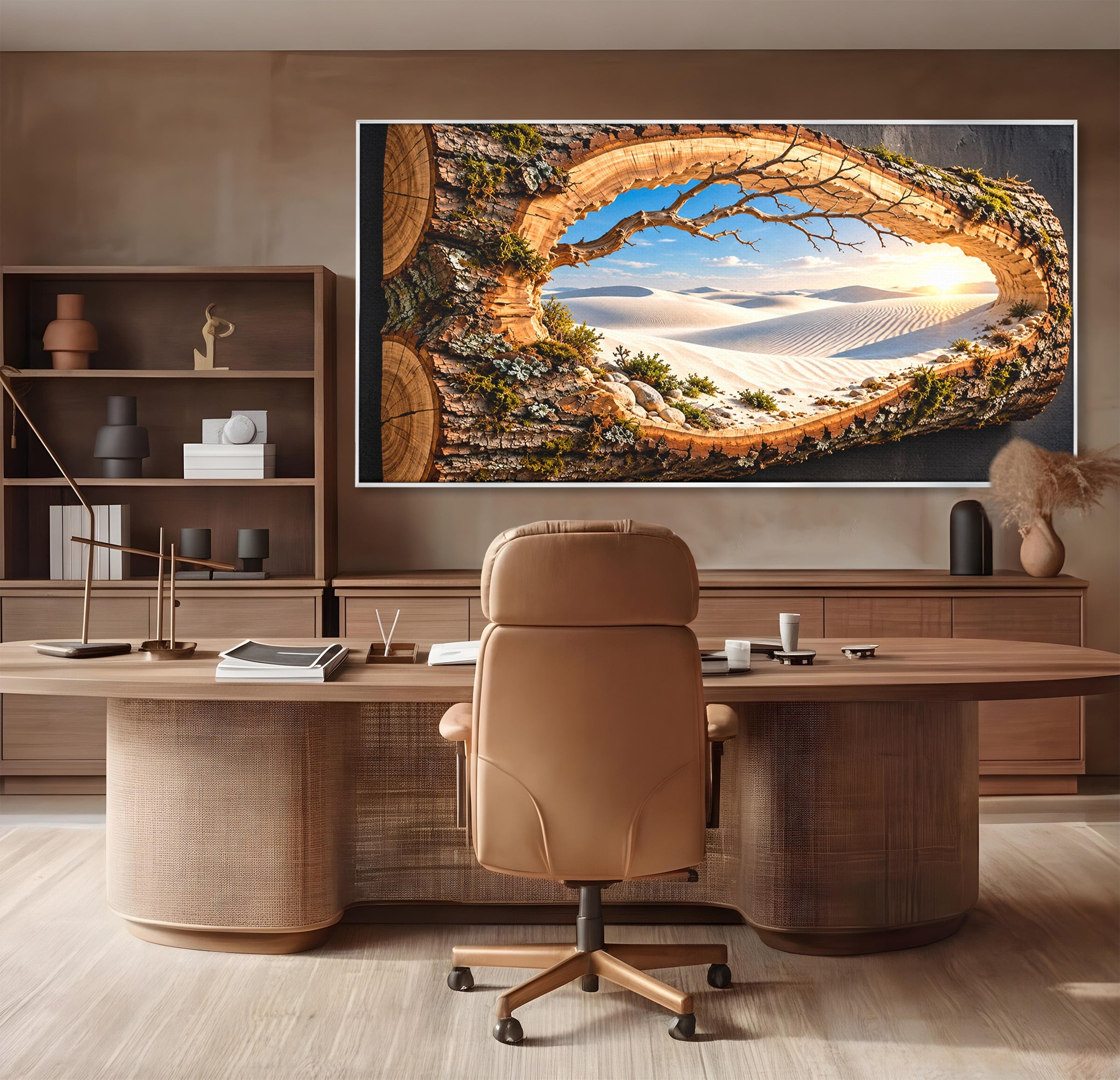 Tablou Canvas Premium LuxCanva® U1192, Desertul Vazut Printr-un Trunchi, Peisaj, Natura, Trunchi, Desert, Living, Culori Vibrante