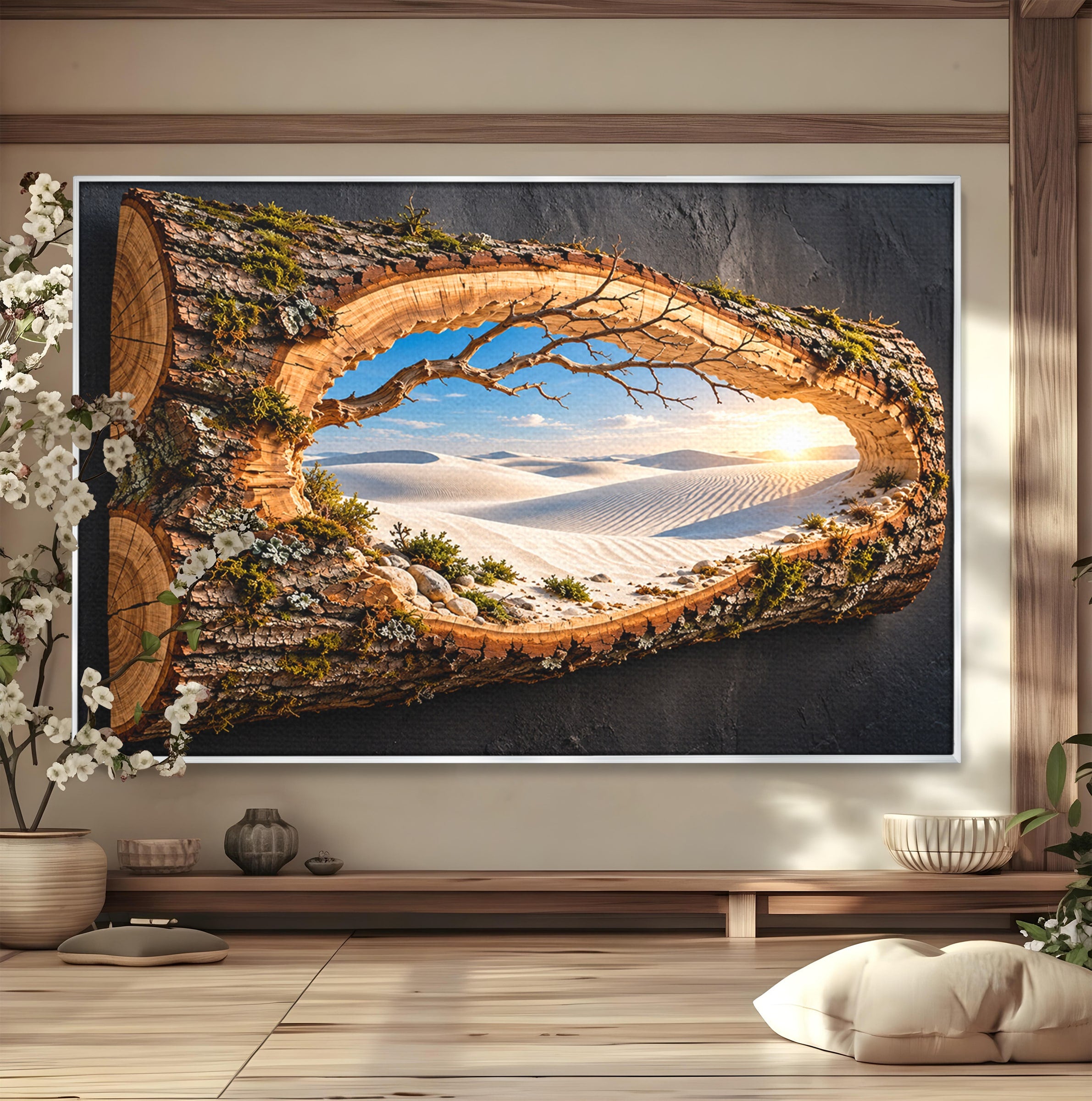 Tablou Canvas Premium LuxCanva® U1192, Desertul Vazut Printr-un Trunchi, Peisaj, Natura, Trunchi, Desert, Living, Culori Vibrante