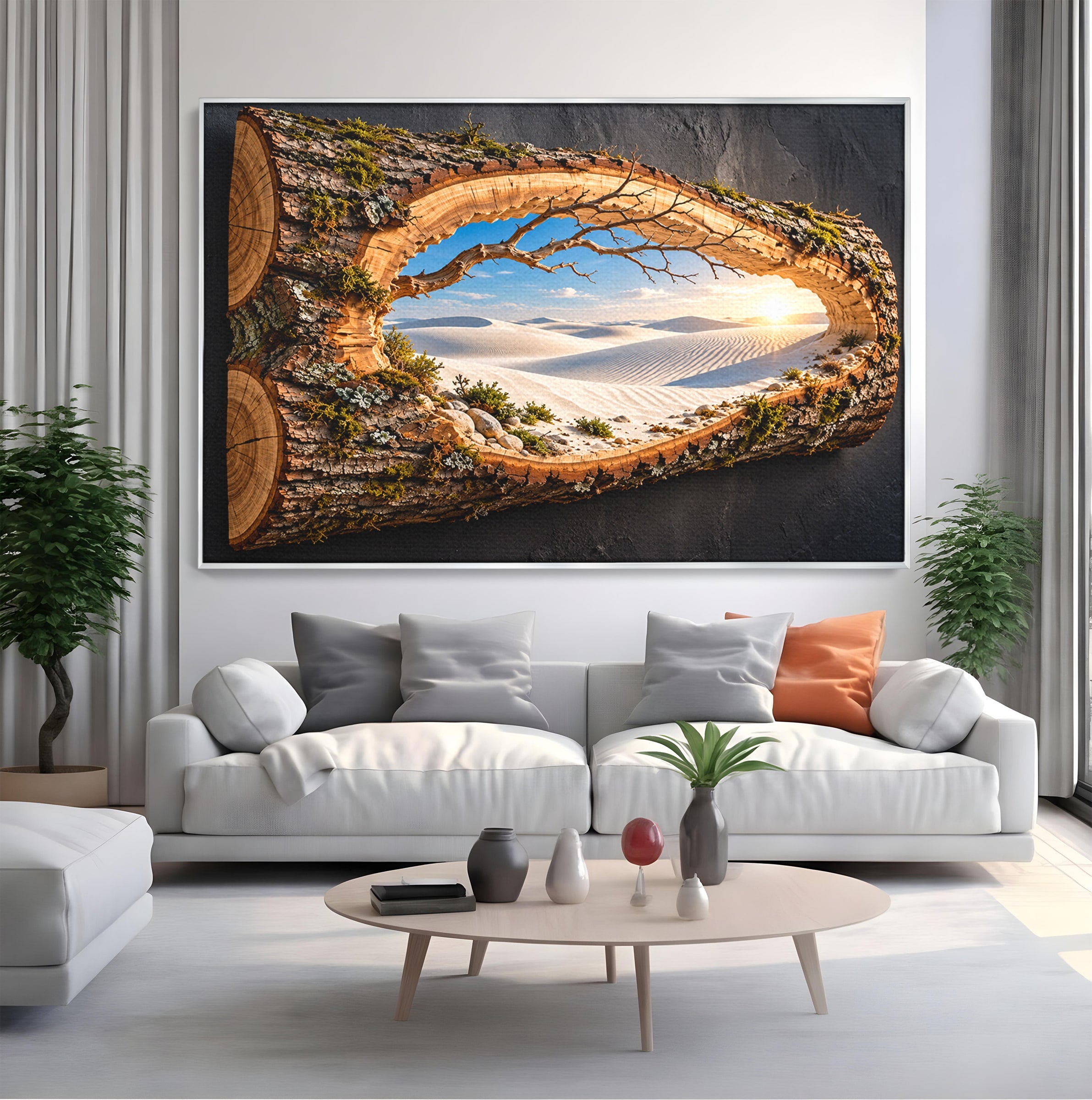Tablou Canvas Premium LuxCanva® U1192, Desertul Vazut Printr-un Trunchi, Peisaj, Natura, Trunchi, Desert, Living, Culori Vibrante