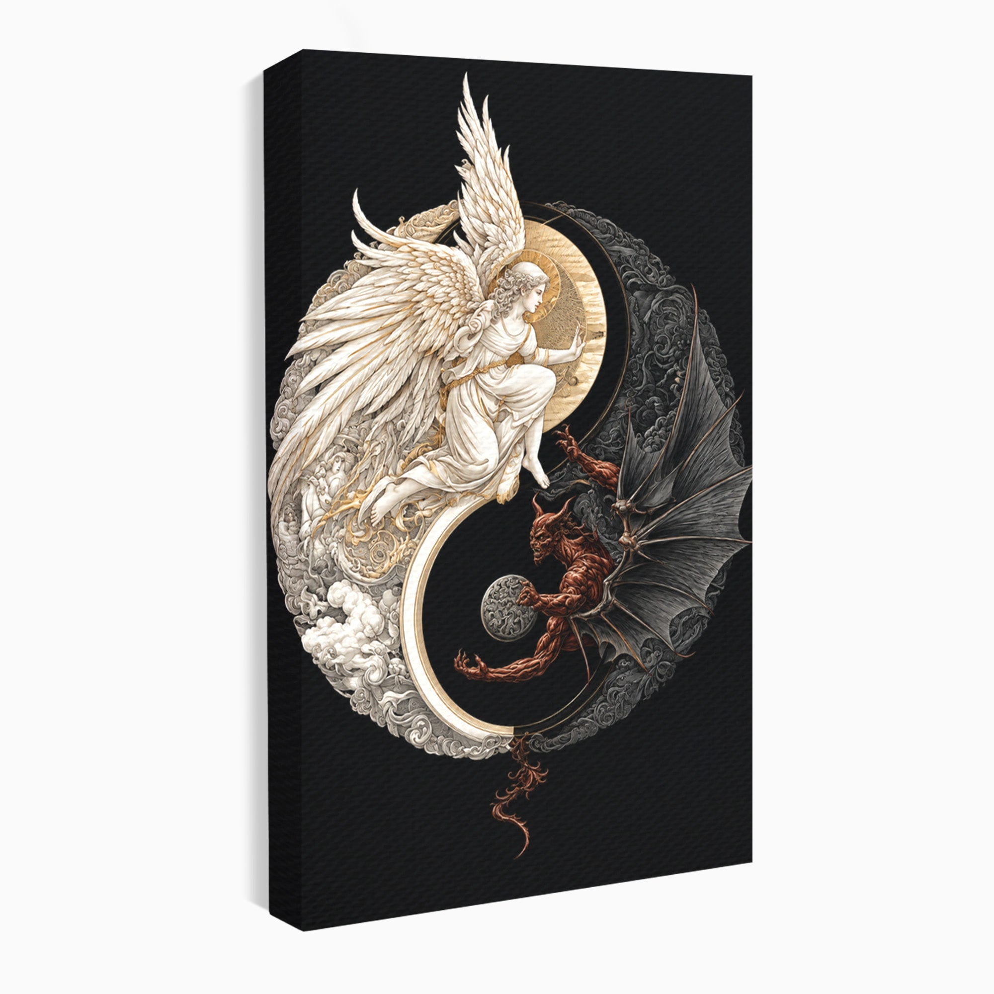 Tablou Canvas Premium LuxCanva® U1195, Armonie Celesta, Inger, Demon, Yin Yang, Simbolism, Dormitor, Culori Vibrante