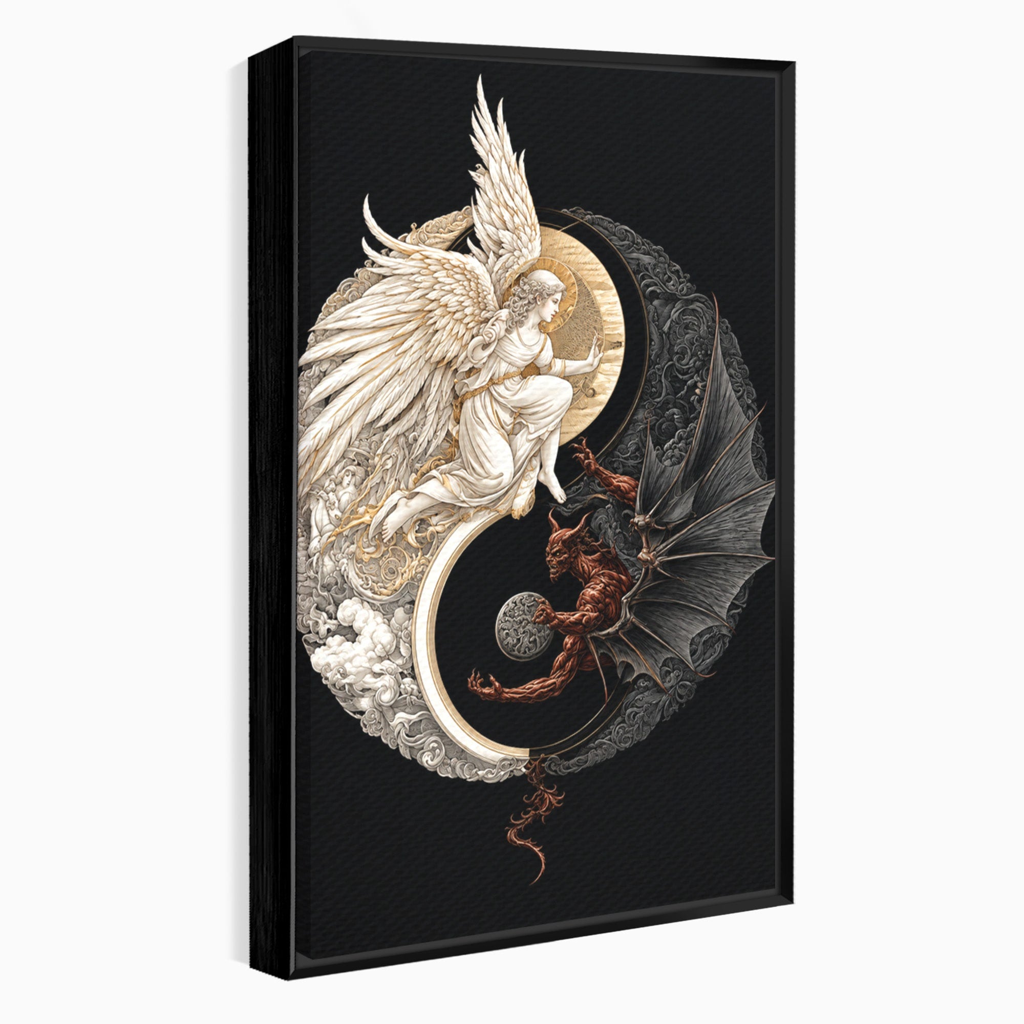 Tablou Canvas Premium LuxCanva® U1195, Armonie Celesta, Inger, Demon, Yin Yang, Simbolism, Dormitor, Culori Vibrante