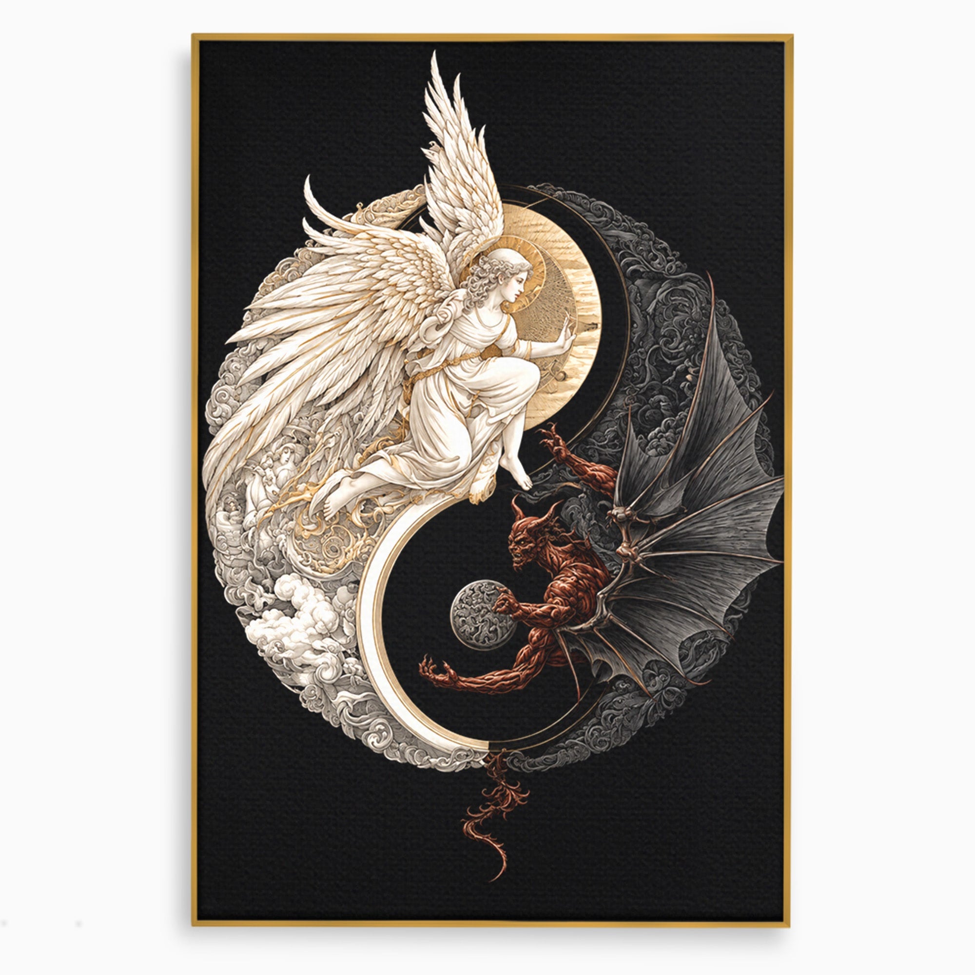 Tablou Canvas Premium LuxCanva® U1195, Armonie Celesta, Inger, Demon, Yin Yang, Simbolism, Dormitor, Culori Vibrante