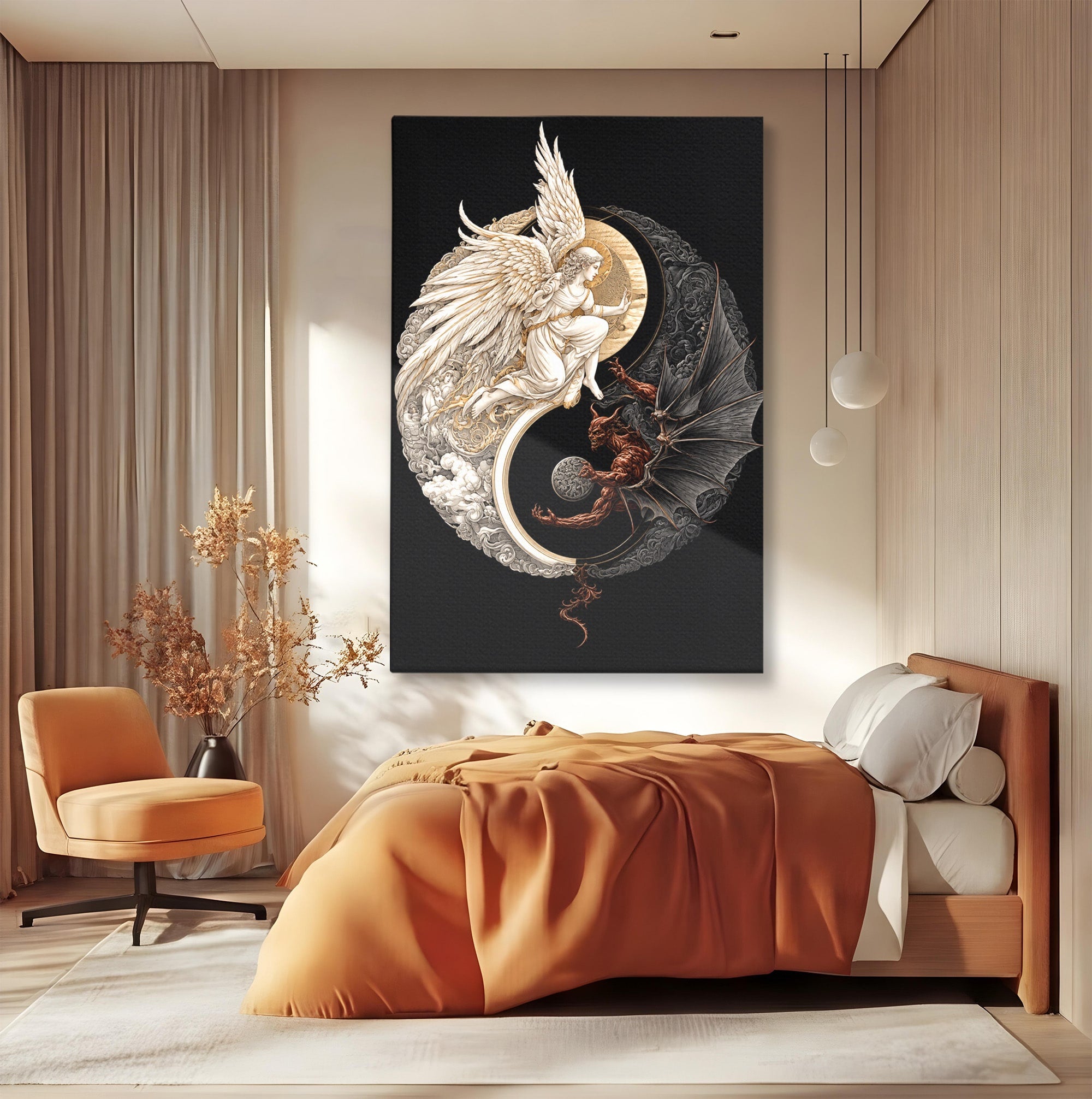 Tablou Canvas Premium LuxCanva® U1195, Armonie Celesta, Inger, Demon, Yin Yang, Simbolism, Dormitor, Culori Vibrante