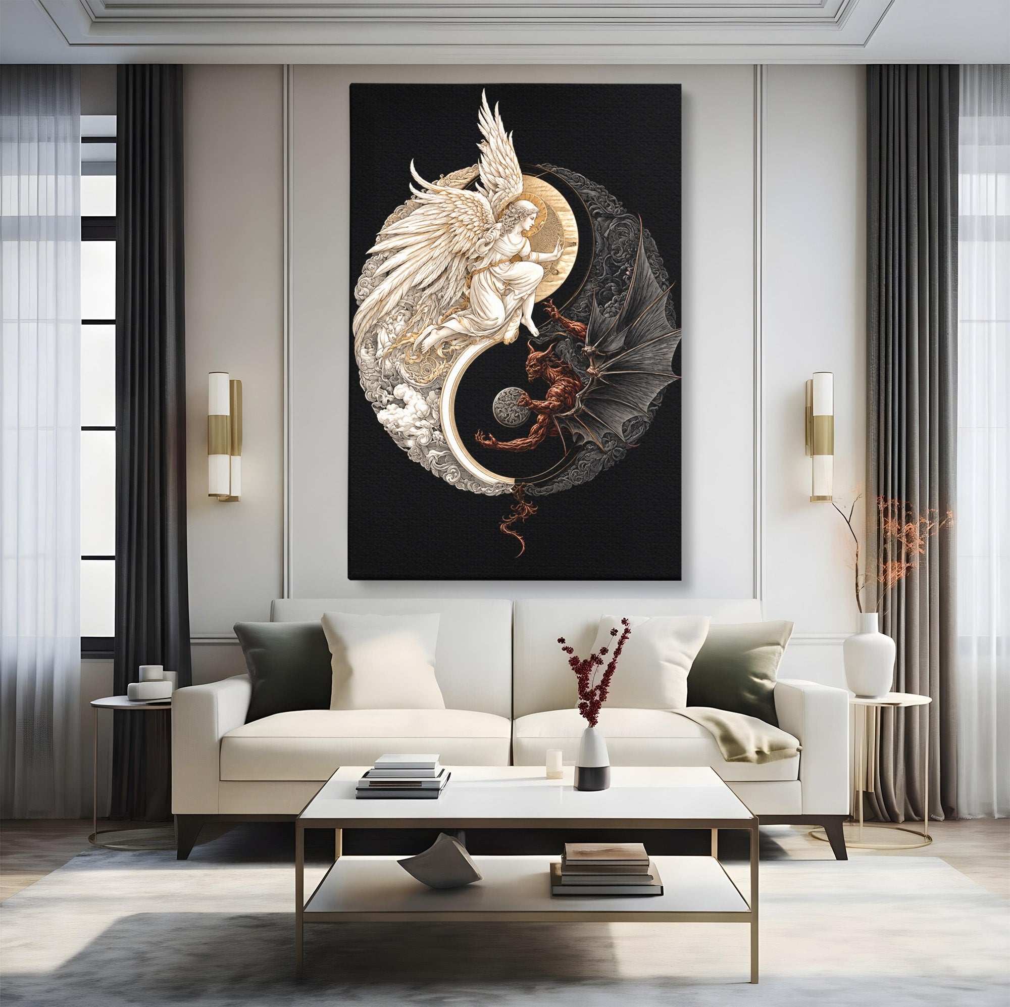 Tablou Canvas Premium LuxCanva® U1195, Armonie Celesta, Inger, Demon, Yin Yang, Simbolism, Dormitor, Culori Vibrante