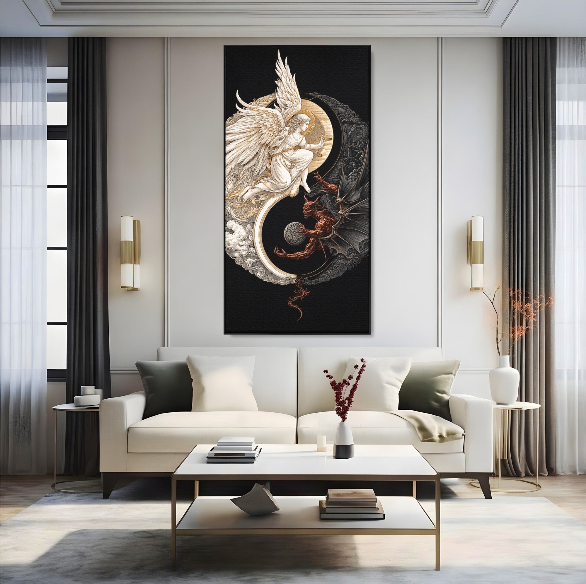 Tablou Canvas Premium LuxCanva® U1195, Armonie Celesta, Inger, Demon, Yin Yang, Simbolism, Dormitor, Culori Vibrante