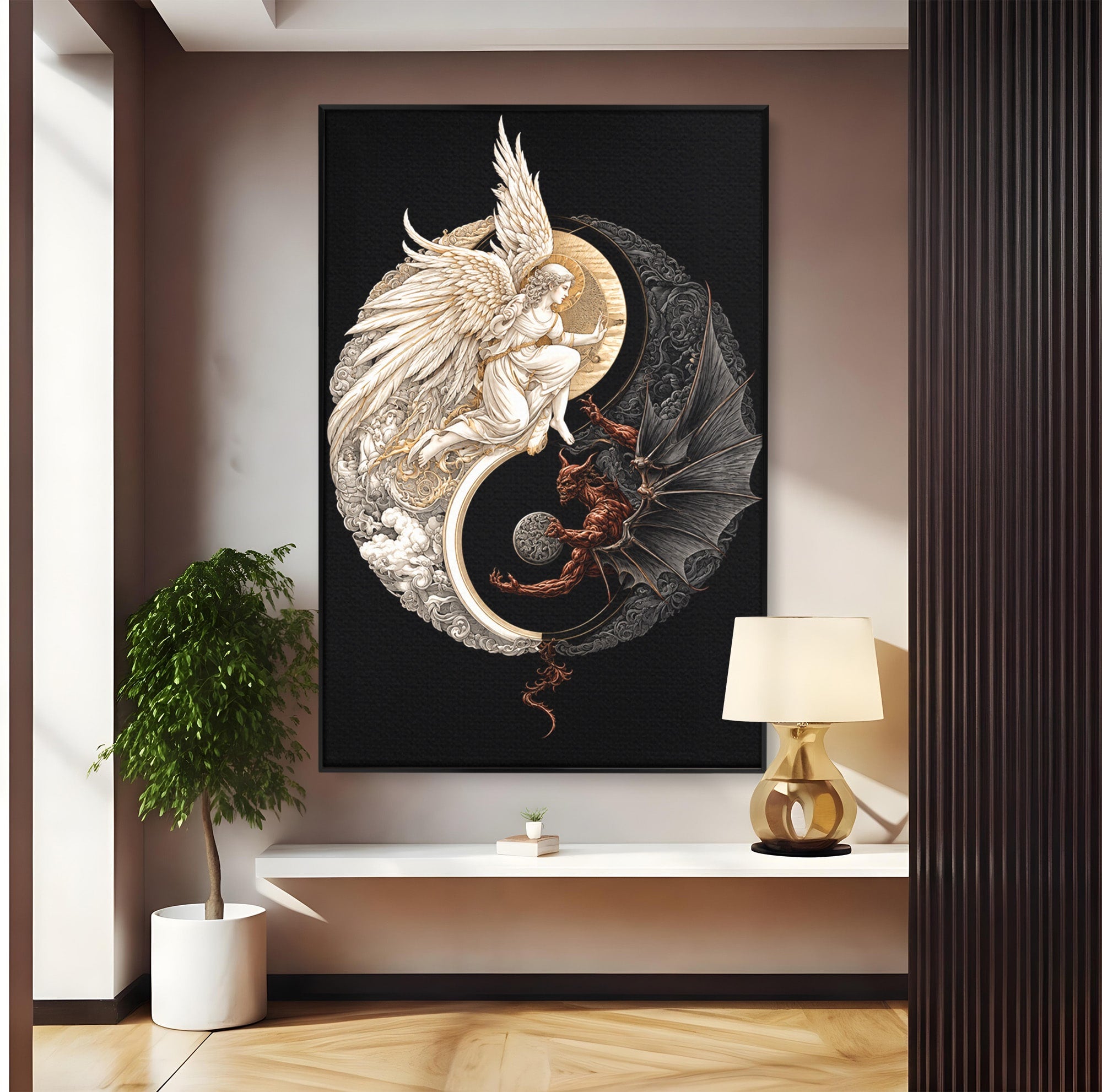 Tablou Canvas Premium LuxCanva® U1195, Armonie Celesta, Inger, Demon, Yin Yang, Simbolism, Dormitor, Culori Vibrante