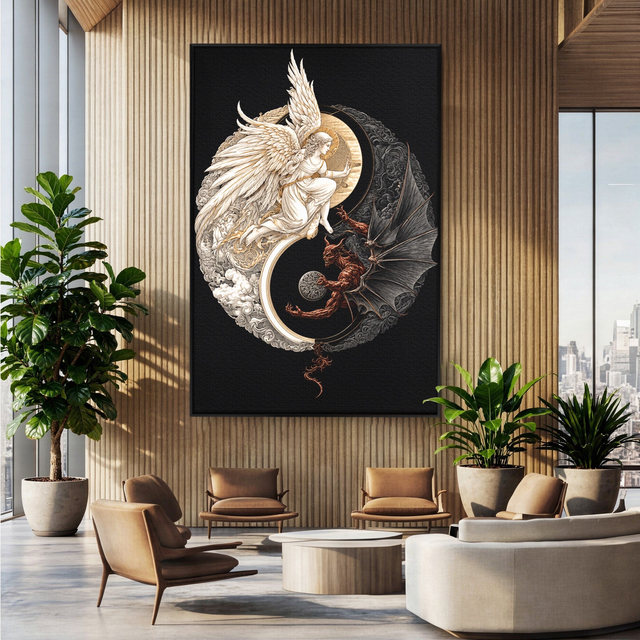 Tablou Canvas Premium LuxCanva® U1195, Armonie Celesta, Inger, Demon, Yin Yang, Simbolism, Dormitor, Culori Vibrante