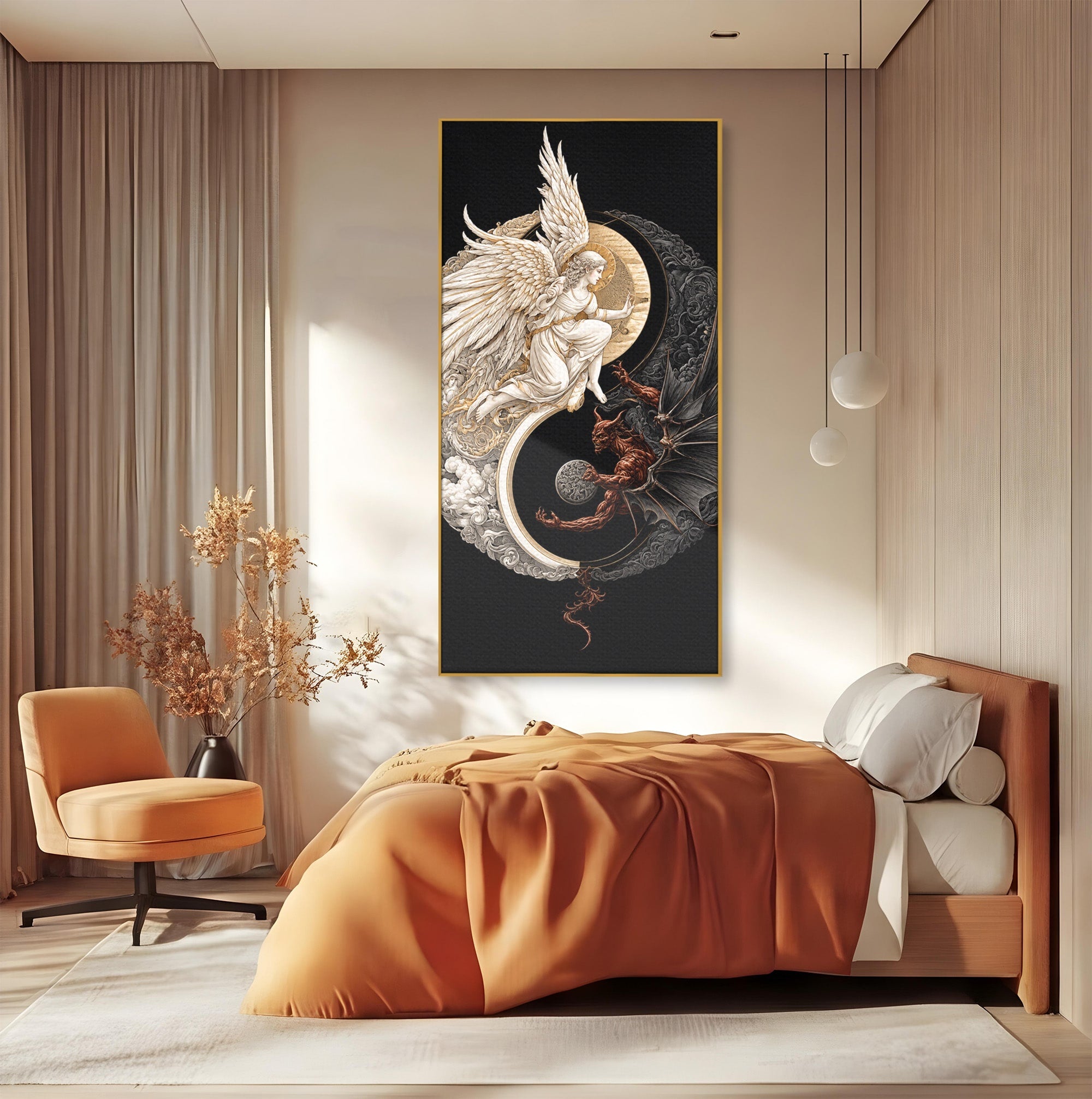 Tablou Canvas Premium LuxCanva® U1195, Armonie Celesta, Inger, Demon, Yin Yang, Simbolism, Dormitor, Culori Vibrante
