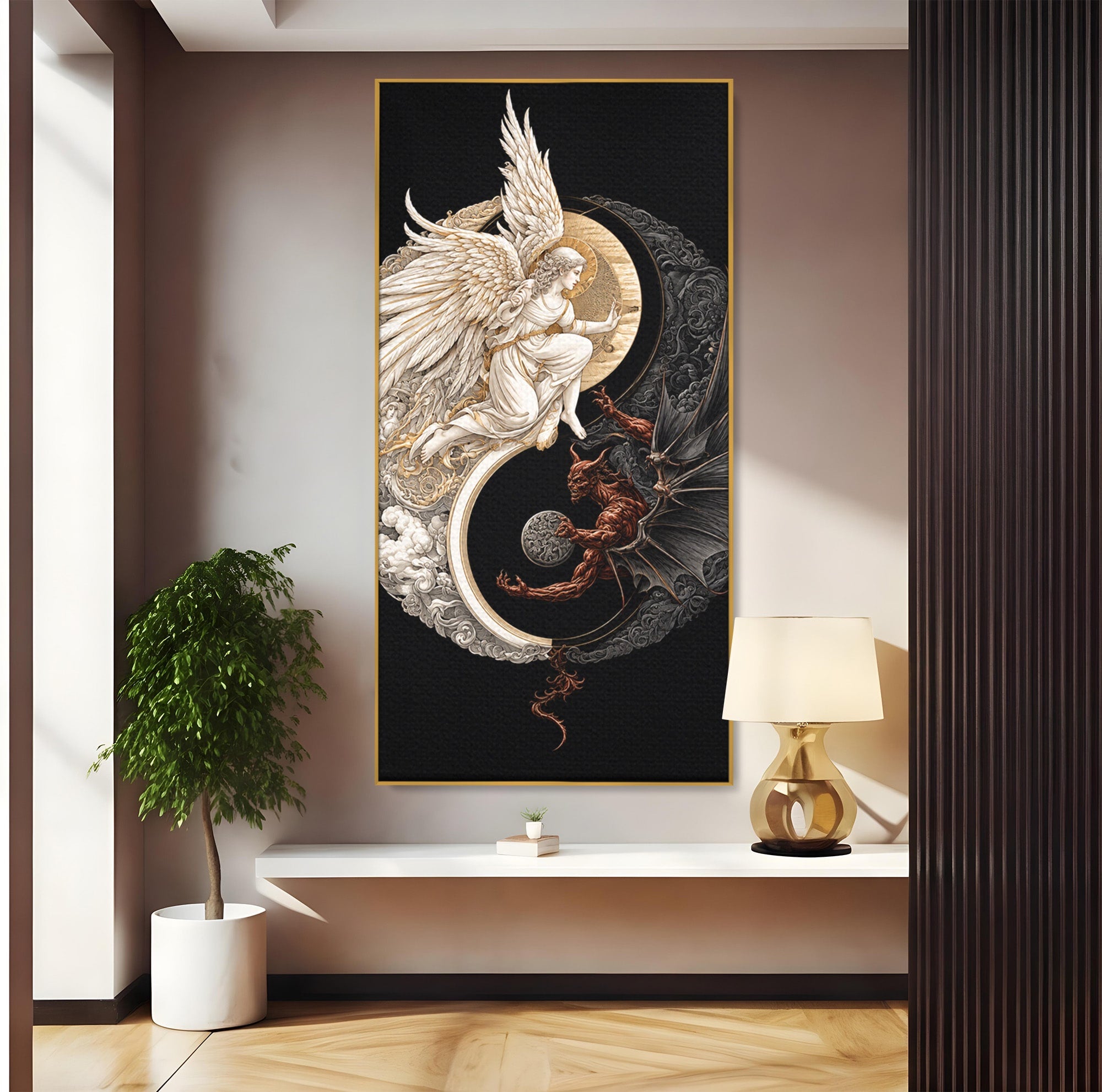 Tablou Canvas Premium LuxCanva® U1195, Armonie Celesta, Inger, Demon, Yin Yang, Simbolism, Dormitor, Culori Vibrante