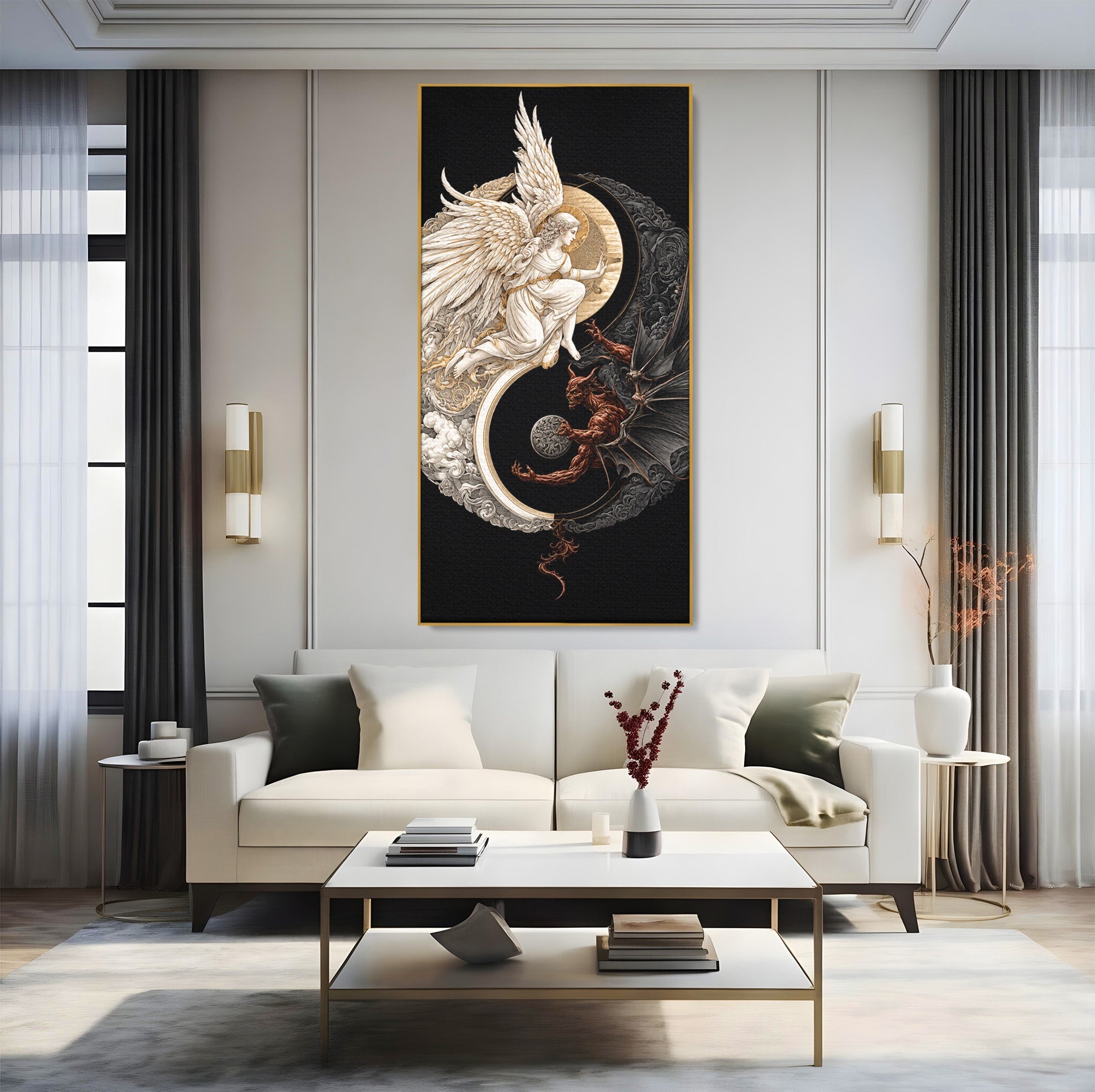 Tablou Canvas Premium LuxCanva® U1195, Armonie Celesta, Inger, Demon, Yin Yang, Simbolism, Dormitor, Culori Vibrante
