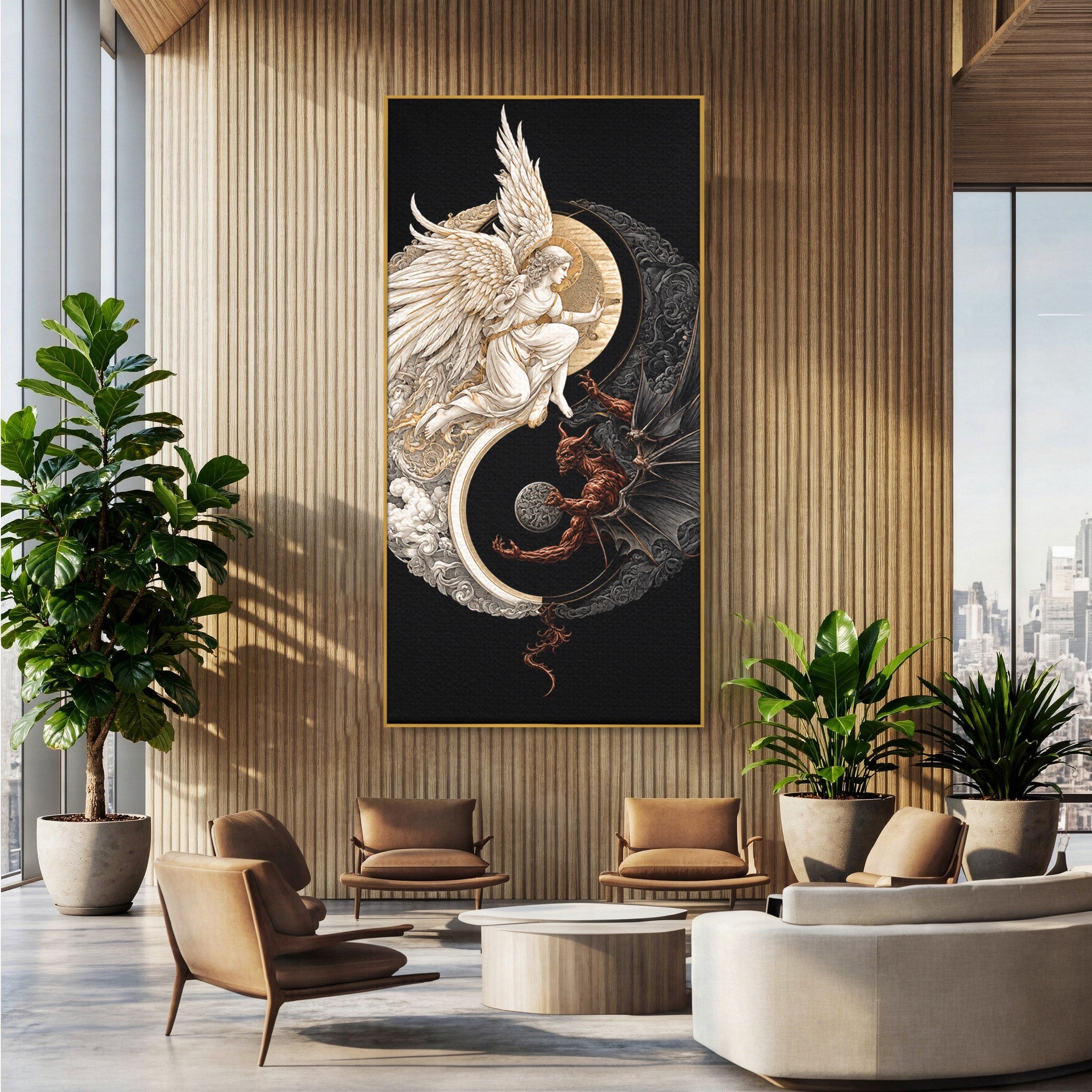 Tablou Canvas Premium LuxCanva® U1195, Armonie Celesta, Inger, Demon, Yin Yang, Simbolism, Dormitor, Culori Vibrante