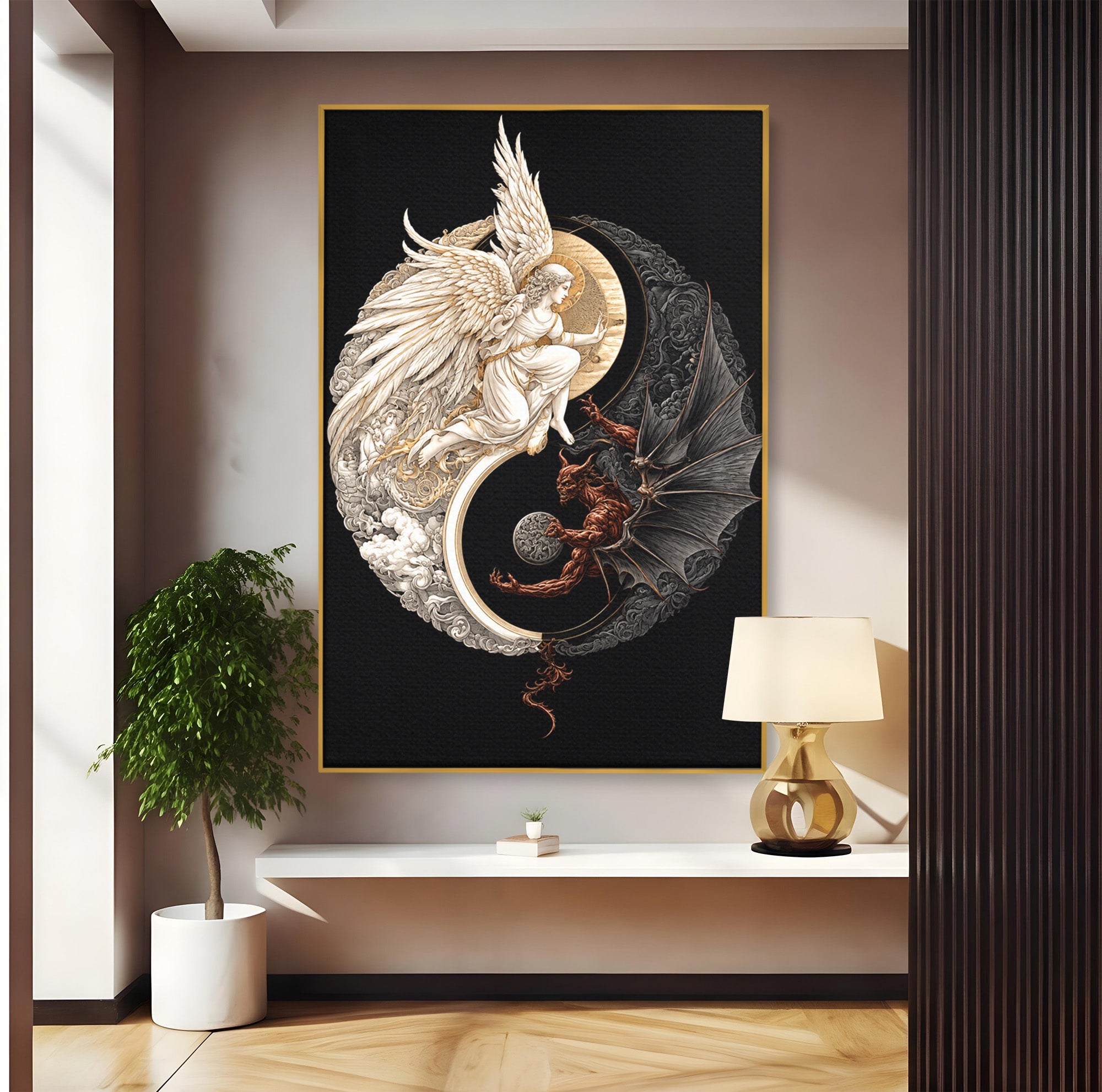 Tablou Canvas Premium LuxCanva® U1195, Armonie Celesta, Inger, Demon, Yin Yang, Simbolism, Dormitor, Culori Vibrante