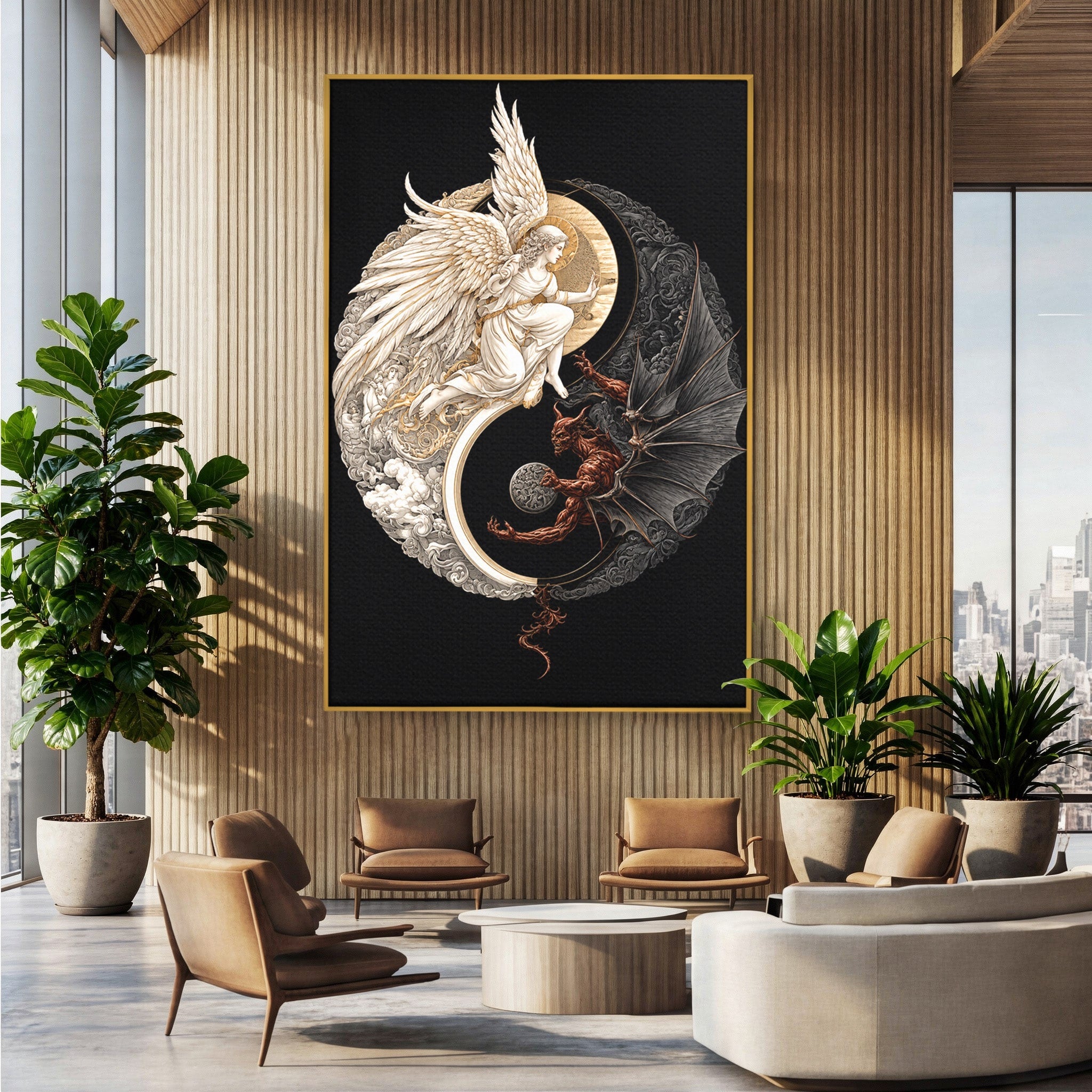 Tablou Canvas Premium LuxCanva® U1195, Armonie Celesta, Inger, Demon, Yin Yang, Simbolism, Dormitor, Culori Vibrante