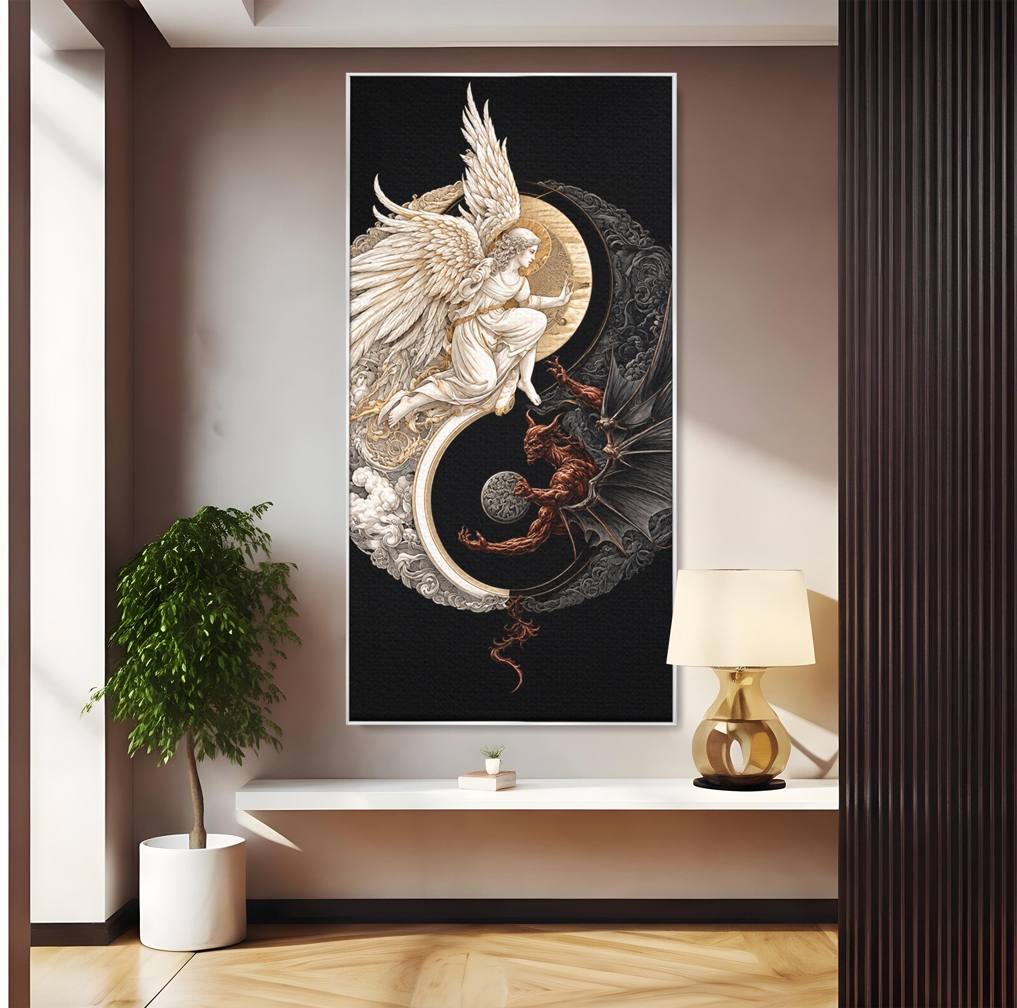 Tablou Canvas Premium LuxCanva® U1195, Armonie Celesta, Inger, Demon, Yin Yang, Simbolism, Dormitor, Culori Vibrante