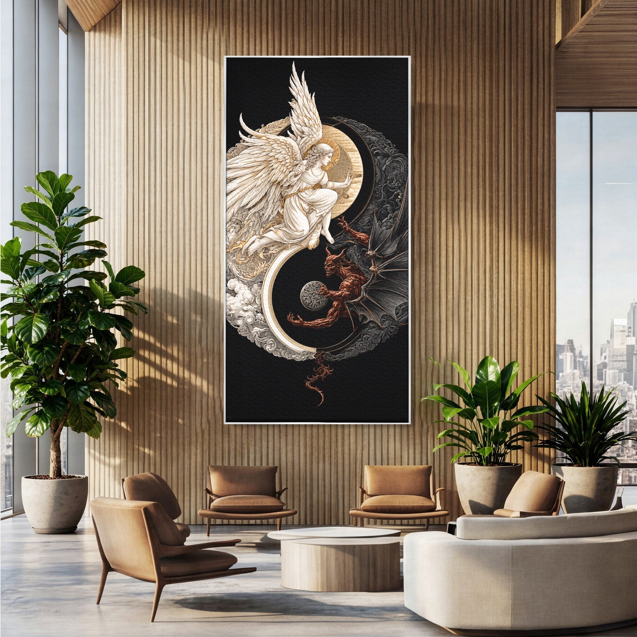Tablou Canvas Premium LuxCanva® U1195, Armonie Celesta, Inger, Demon, Yin Yang, Simbolism, Dormitor, Culori Vibrante