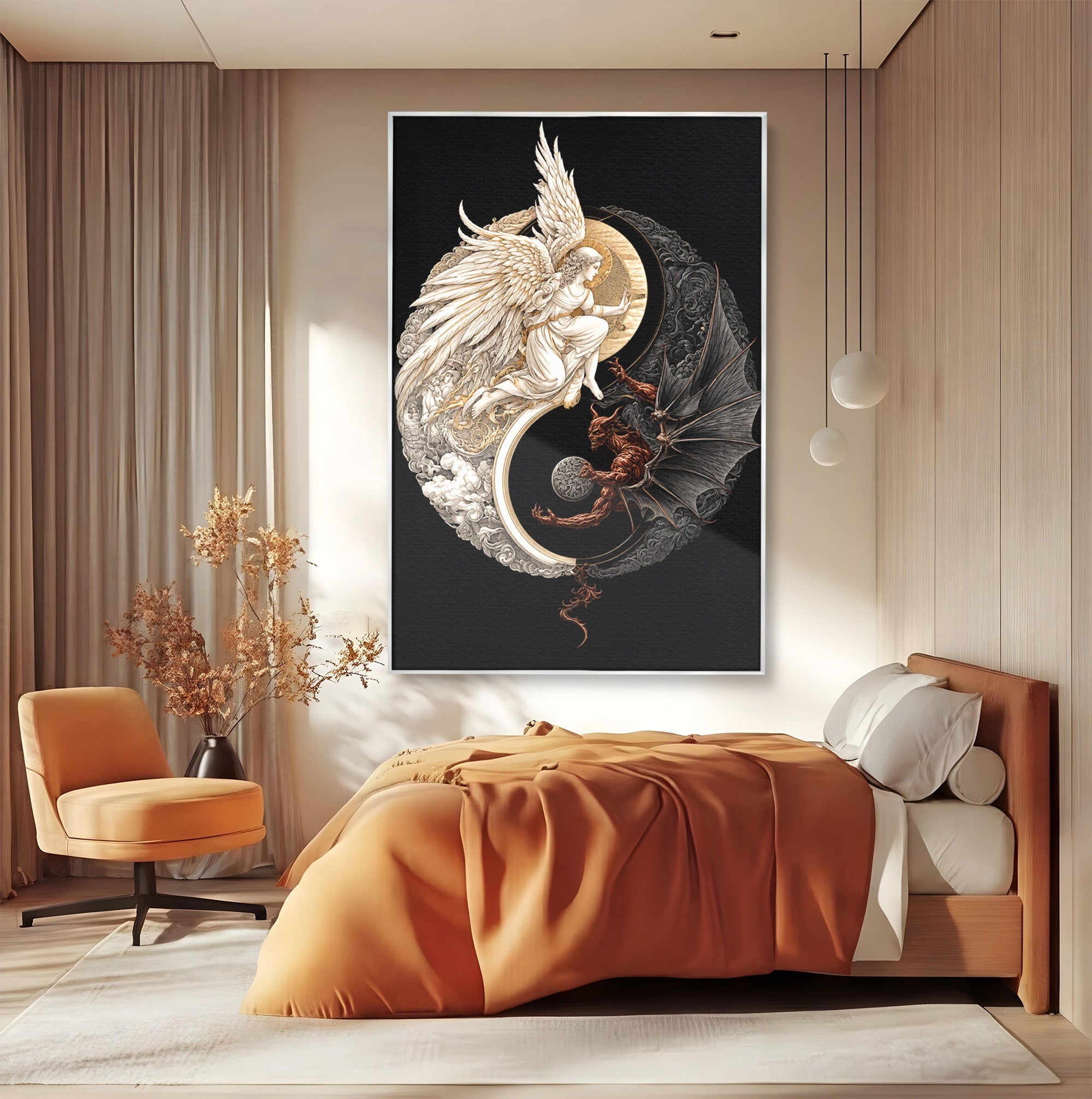 Tablou Canvas Premium LuxCanva® U1195, Armonie Celesta, Inger, Demon, Yin Yang, Simbolism, Dormitor, Culori Vibrante
