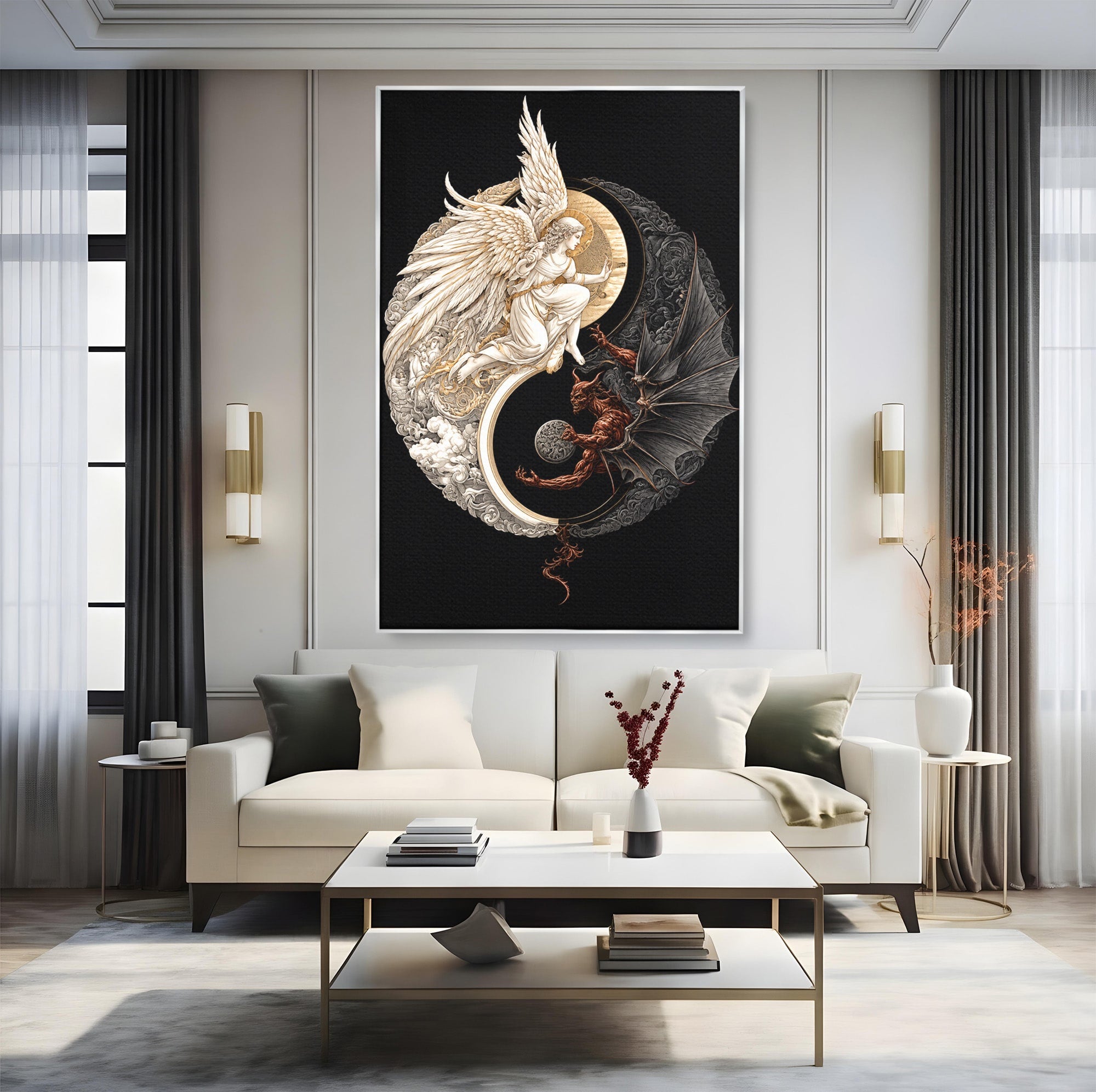 Tablou Canvas Premium LuxCanva® U1195, Armonie Celesta, Inger, Demon, Yin Yang, Simbolism, Dormitor, Culori Vibrante