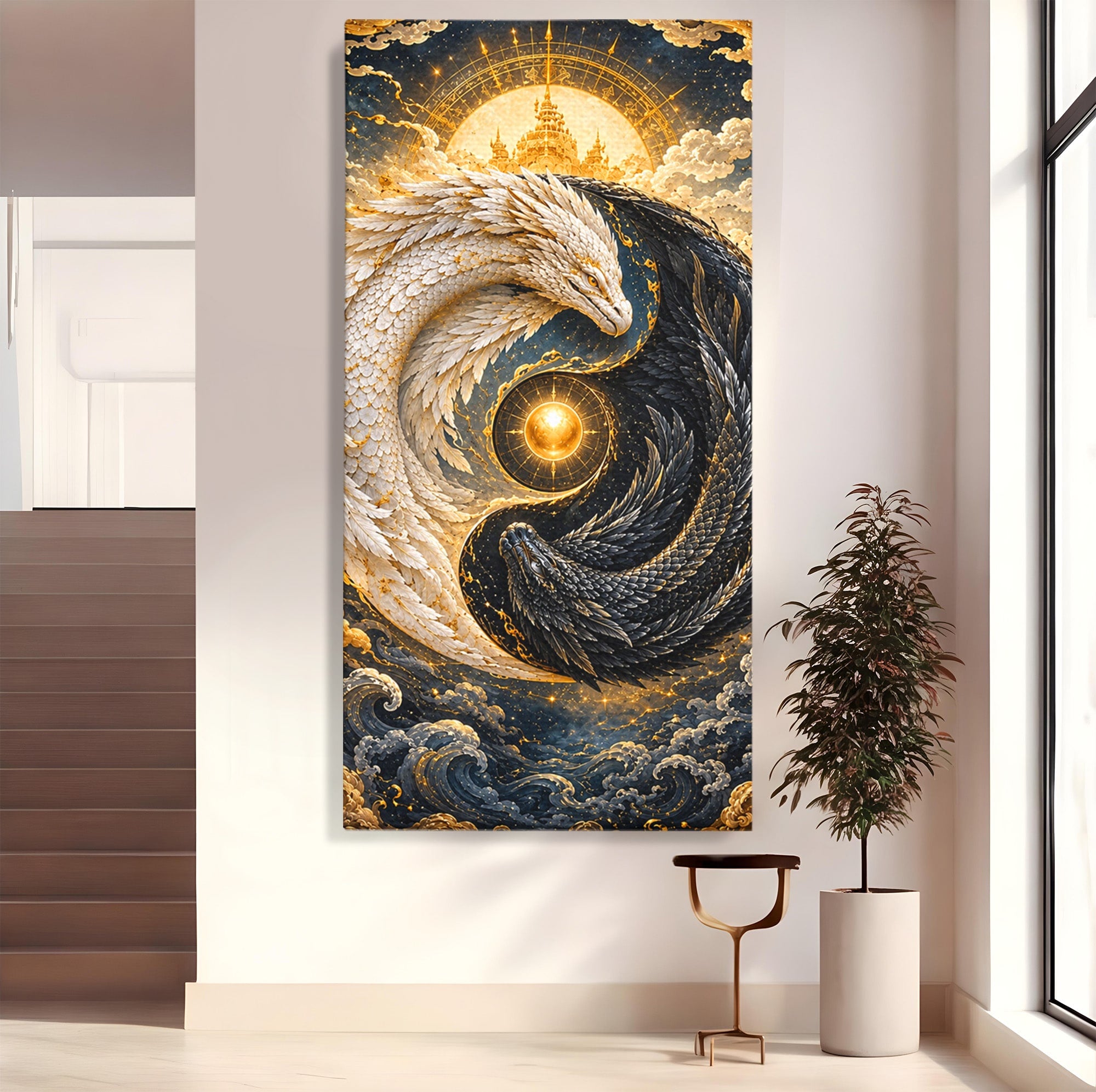 Tablou Canvas Premium LuxCanva® U1196, Dragonul Yin Si Yang, Mitologie, Echilibru, Fantezie, Dormitor, Dragon, Culori Vibrante